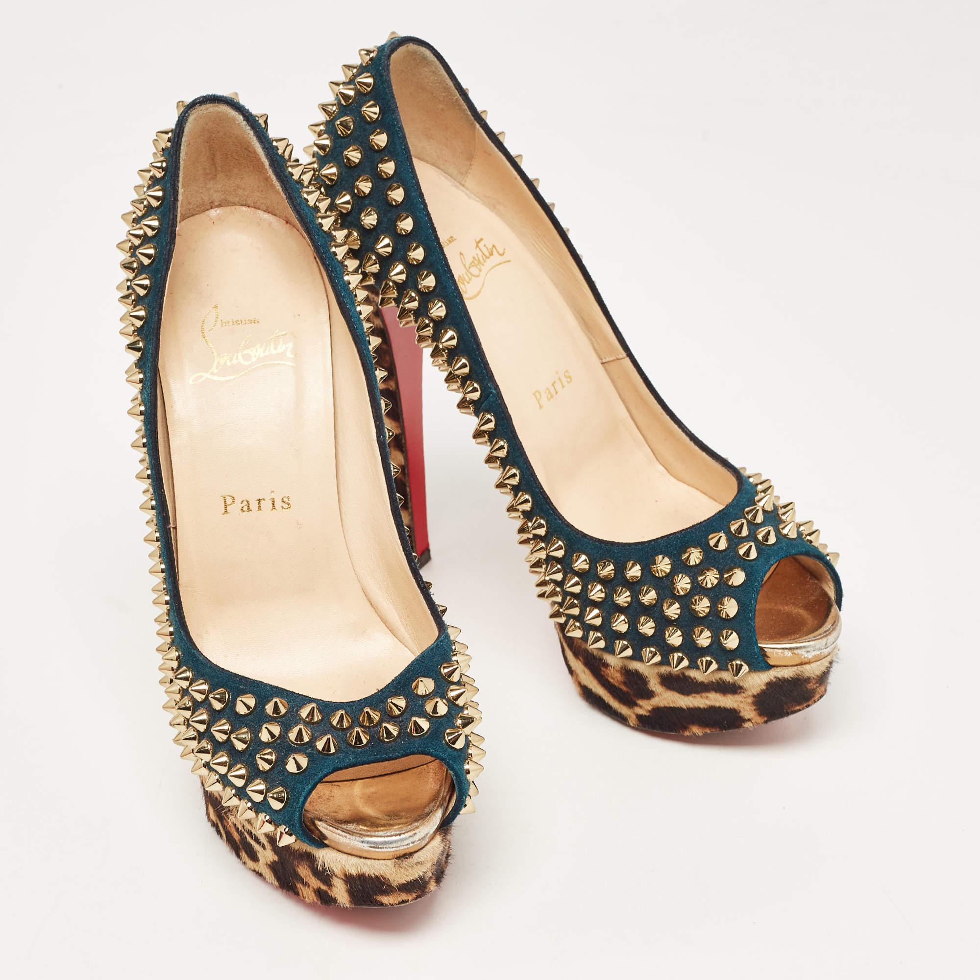 Christian Louboutin Multicolor Suede and Leopard Calf Hair Lady Peep Spikes  In Good Condition For Sale In Dubai, Al Qouz 2