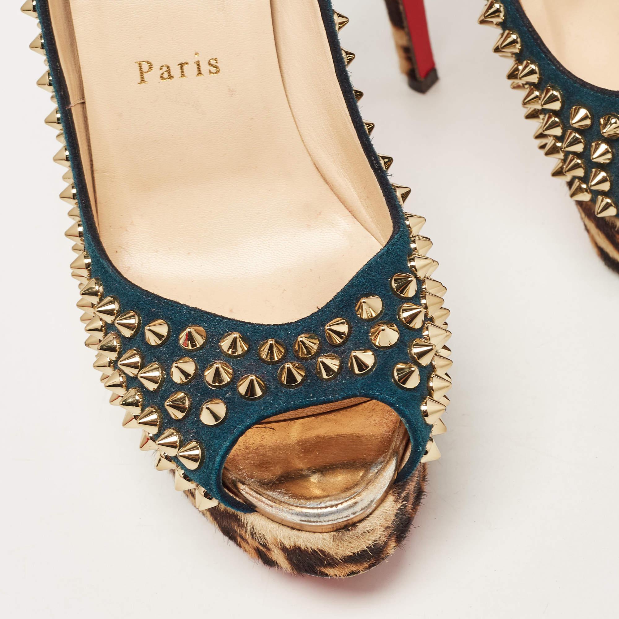 Women's Christian Louboutin Multicolor Suede and Leopard Calf Hair Lady Peep Spikes  For Sale