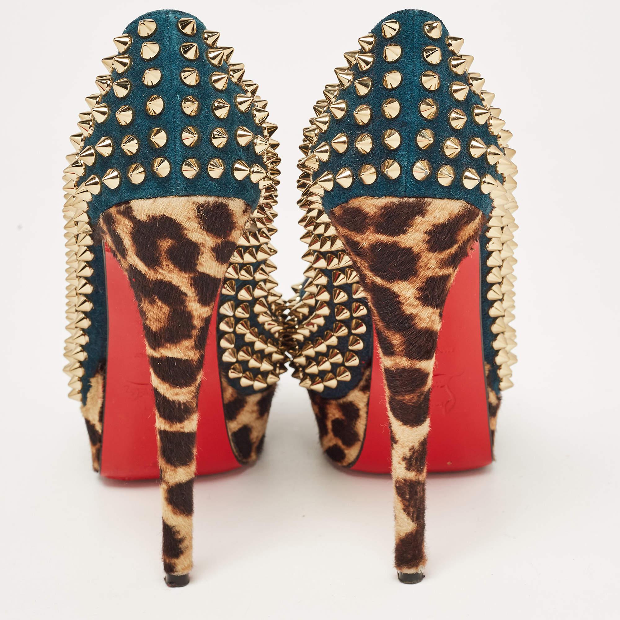 Christian Louboutin Multicolor Suede and Leopard Calf Hair Lady Peep Spikes  For Sale 1