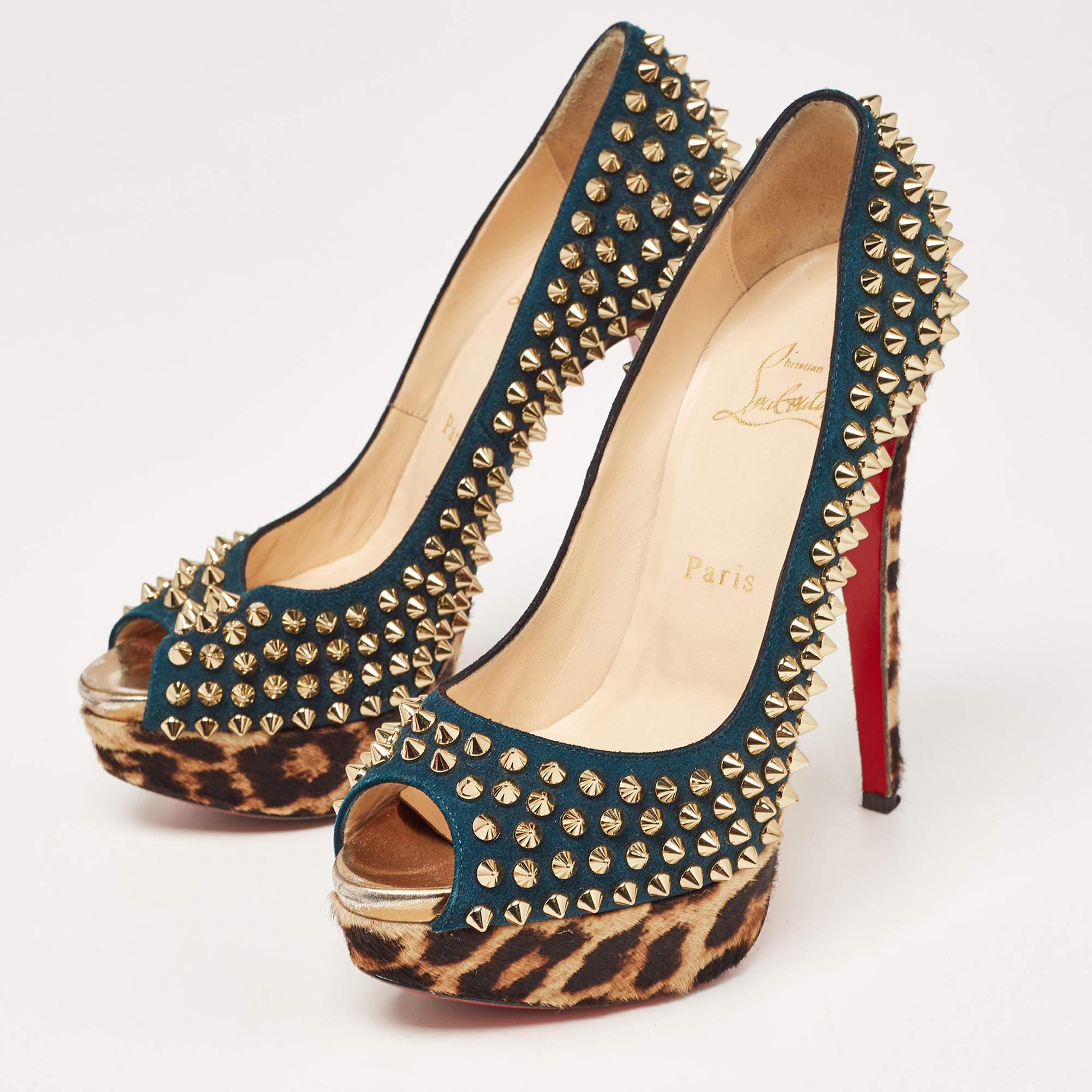 Christian Louboutin Multicolor Suede and Leopard Calf Hair Lady Peep Spikes  For Sale 4