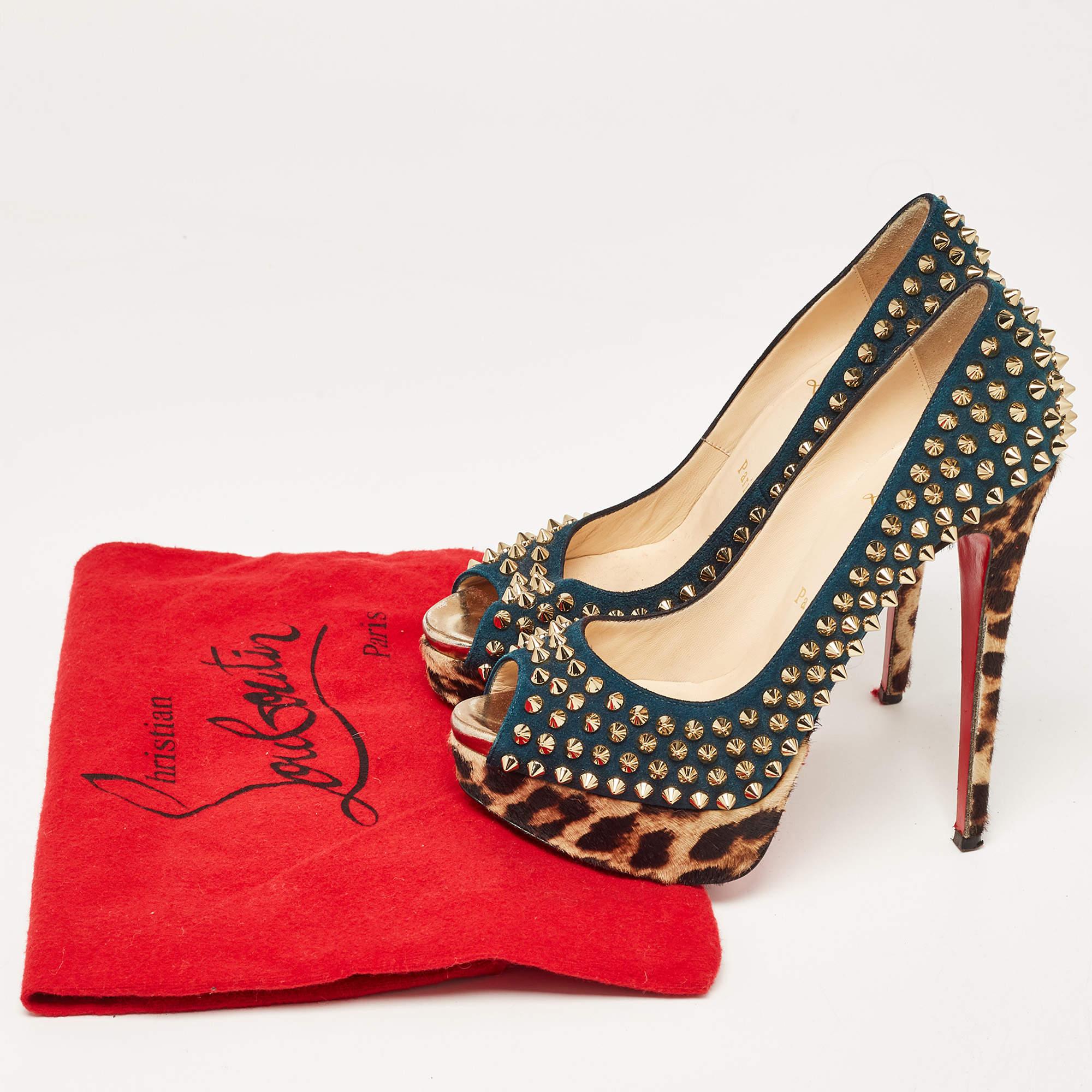 Christian Louboutin Multicolor Suede and Leopard Calf Hair Lady Peep Spikes  For Sale 5