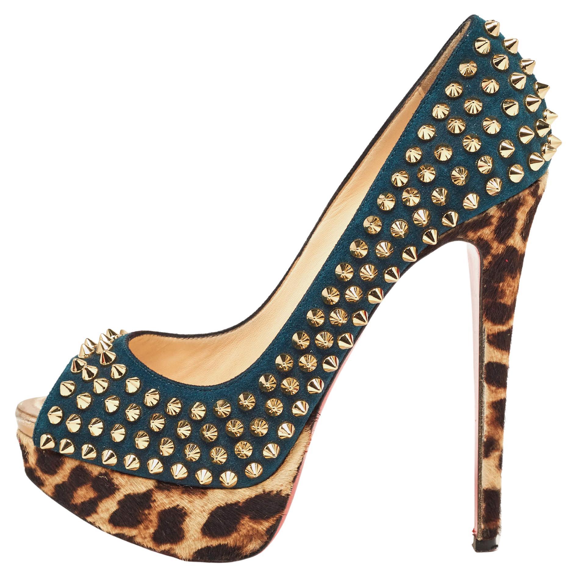 Christian Louboutin Multicolor Suede and Leopard Calf Hair Lady Peep Spikes  For Sale