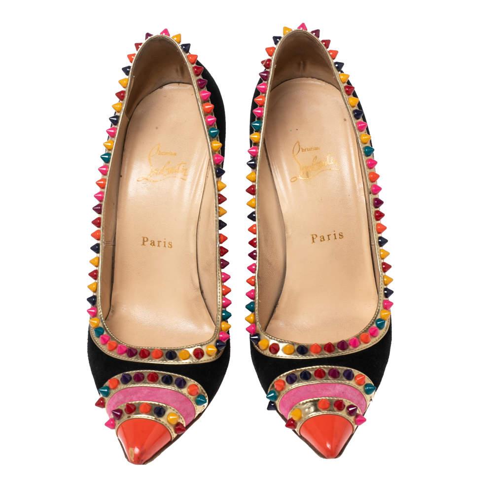 Black Christian Louboutin Multicolor Suede and Patent Leather Hill Pumps Size 39.5