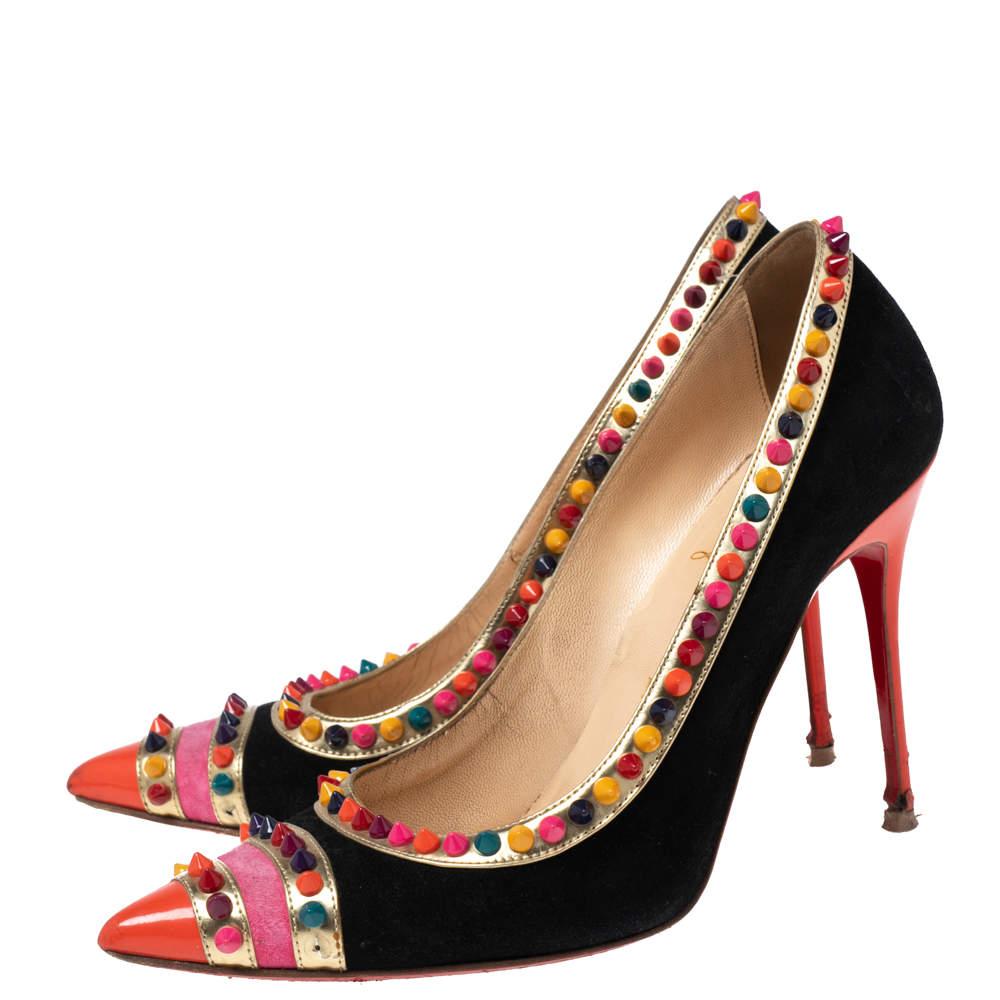 Christian Louboutin Multicolor Suede and Patent Leather Hill Pumps Size 39.5 In Good Condition In Dubai, Al Qouz 2