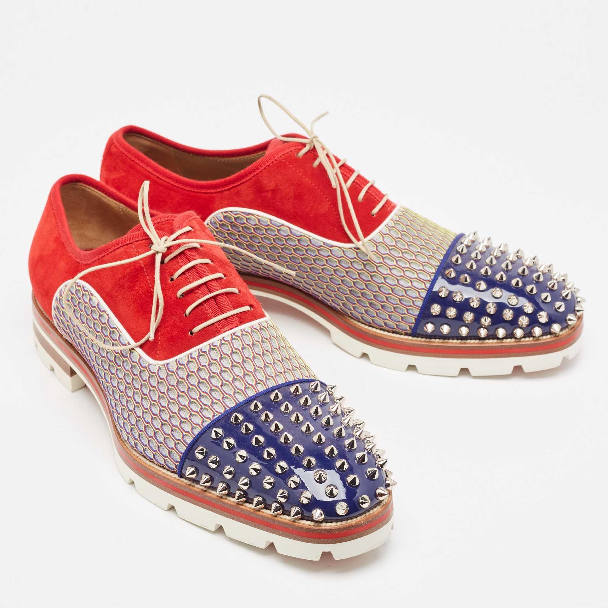 Men's Christian Louboutin Multicolor Suede And Patent Leather Spike Toe Latcho Lace Up For Sale