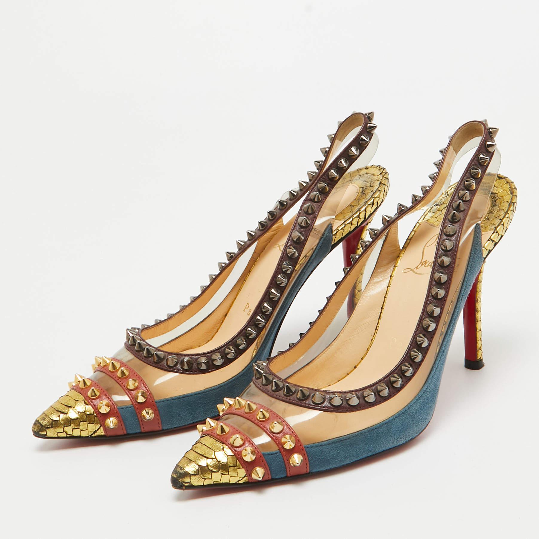 Slip into these statement Christian Louboutin pumps and add grace to your strides. Crafted from suede these multicolored slingbacks are accented with PVC trims for a minimal look. With pointed toes fabulous spike detailing all around and python
