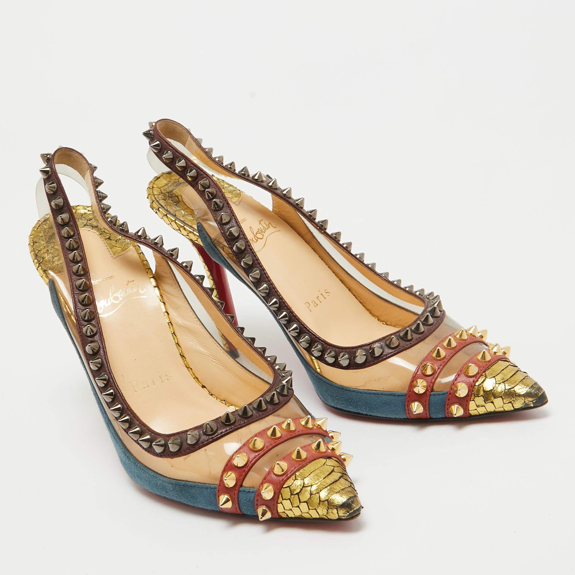 Christian Louboutin Multicolor Suede and PVC Manovra Slingback Pumps Size 35 In Good Condition In Dubai, Al Qouz 2