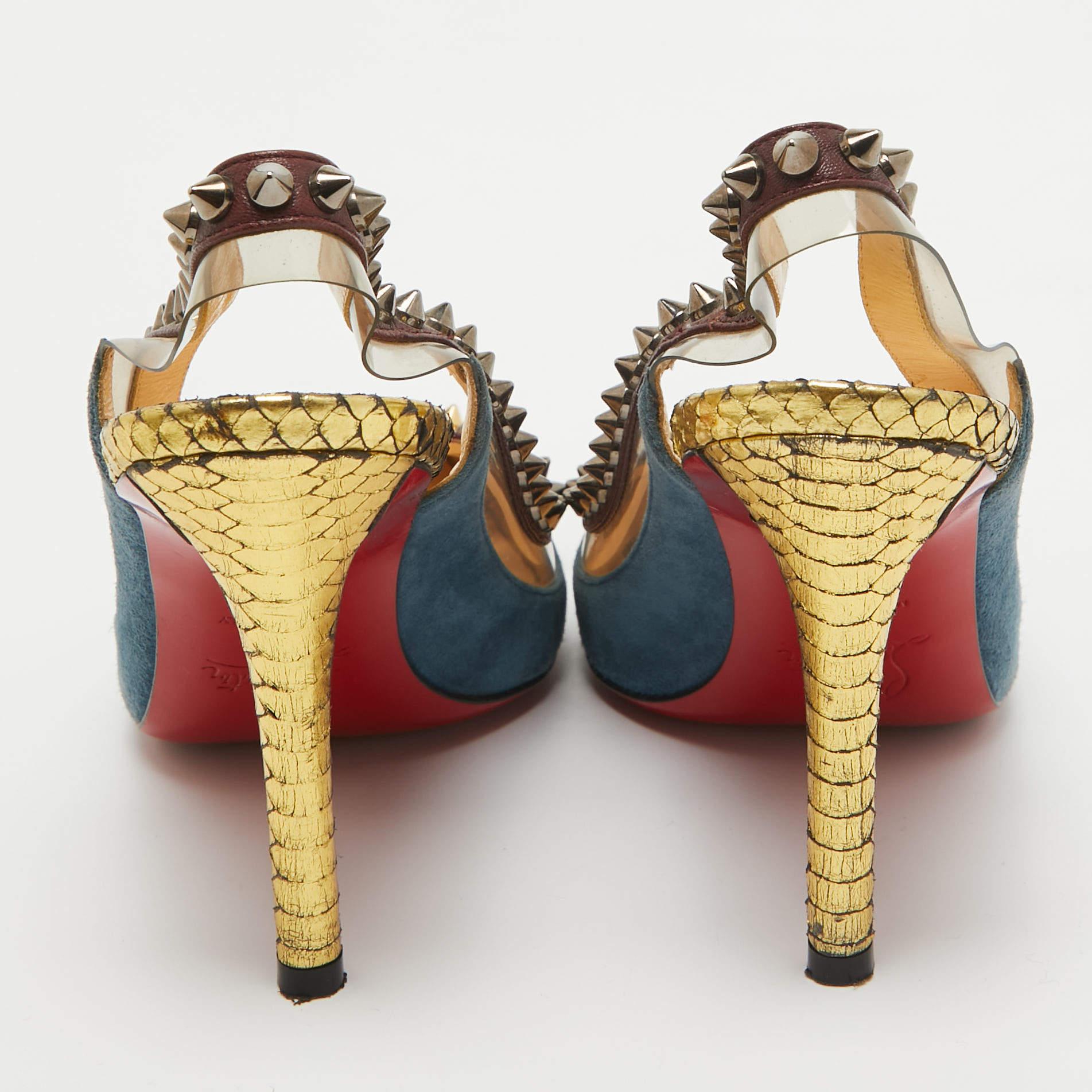 Women's Christian Louboutin Multicolor Suede and PVC Manovra Slingback Pumps Size 35