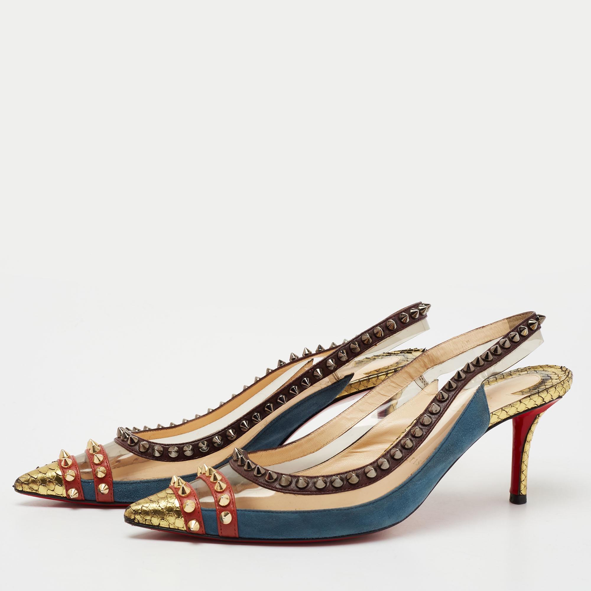 Christian Louboutin Multicolor Suede And PVC Manovra Slingback Pumps Size 38 4