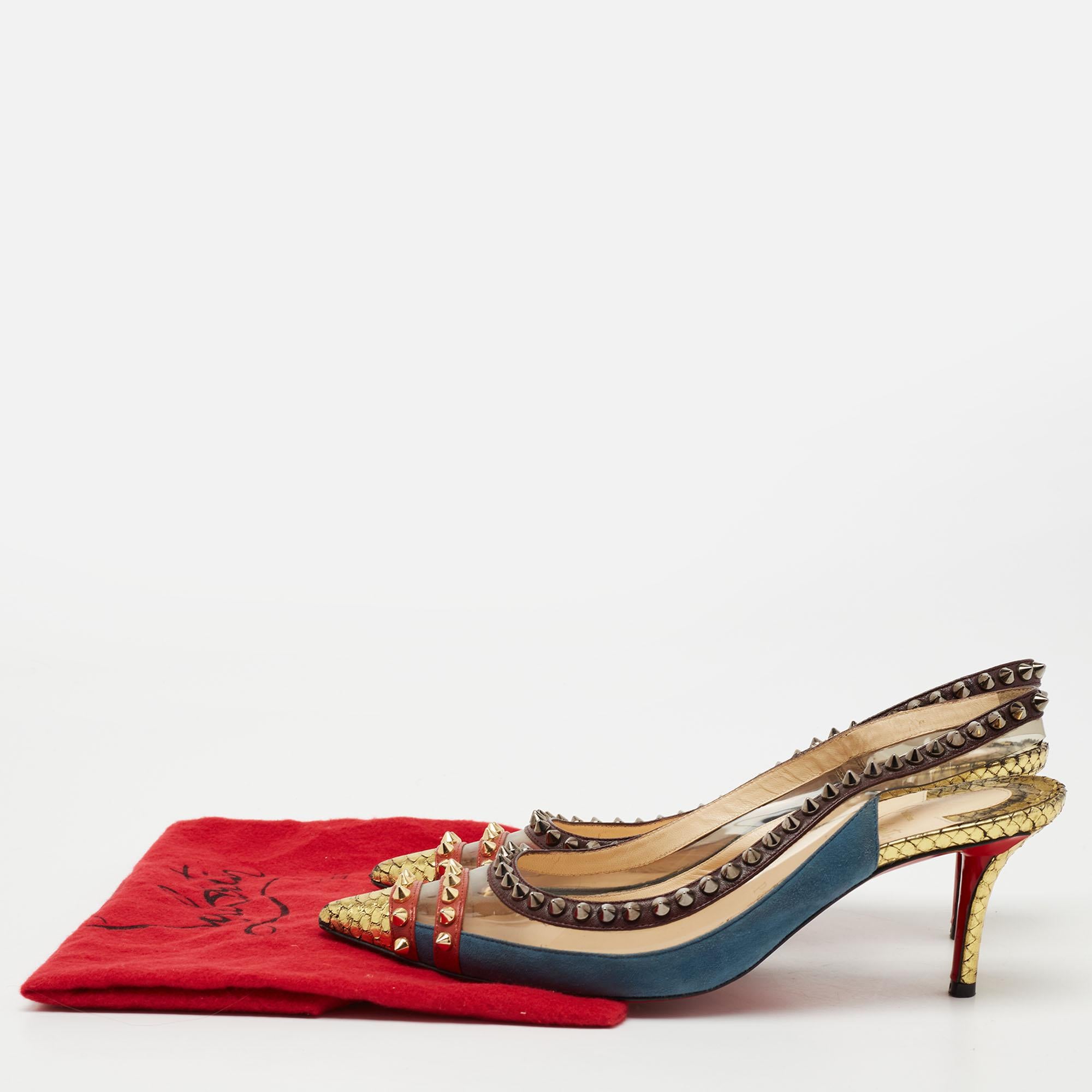 Christian Louboutin Multicolor Suede And PVC Manovra Slingback Pumps Size 38 5