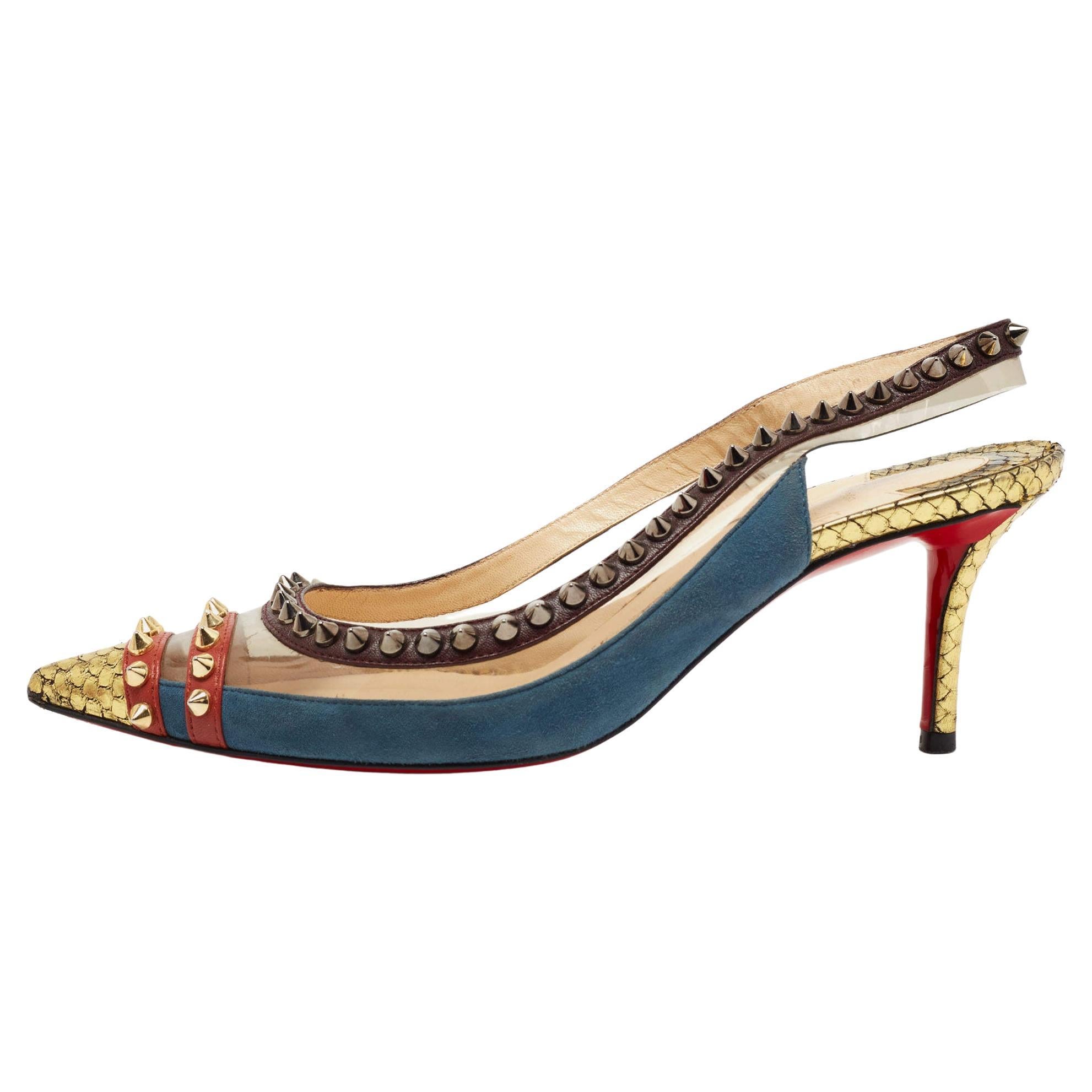 Christian Louboutin Multicolor Suede And PVC Manovra Slingback Pumps Size 38