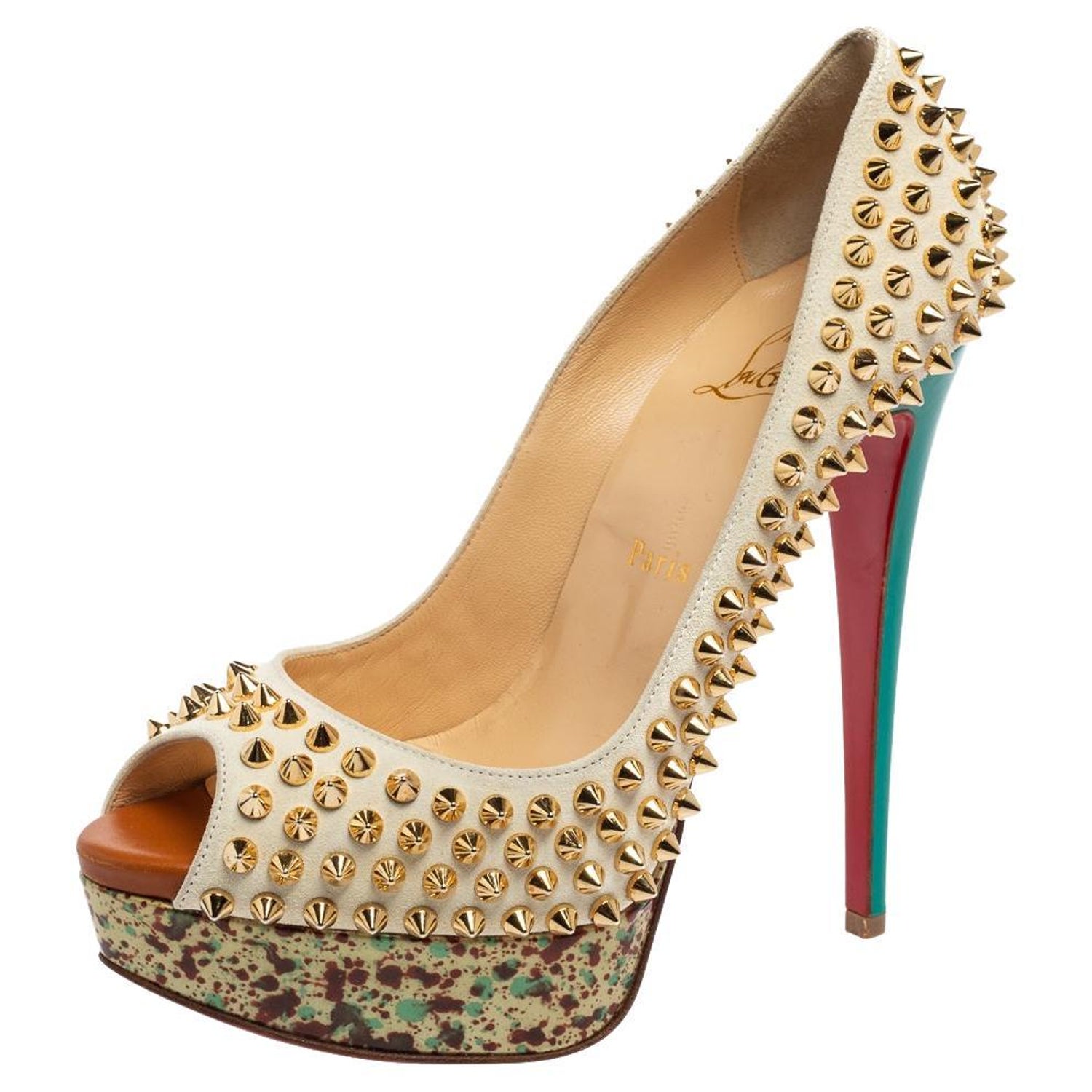 Christian Louboutin Multicolor Suede Lady Peep-Toe Spikes Platform Pumps  Size 38 For Sale at 1stDibs
