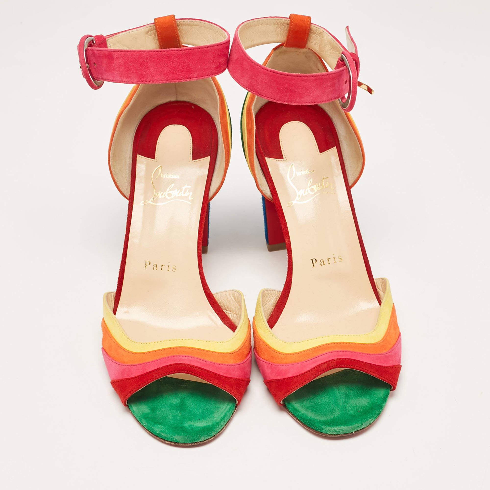 Orange Christian Louboutin Multicolor Suede Rainbow Ankle Strap Sandals Size 38