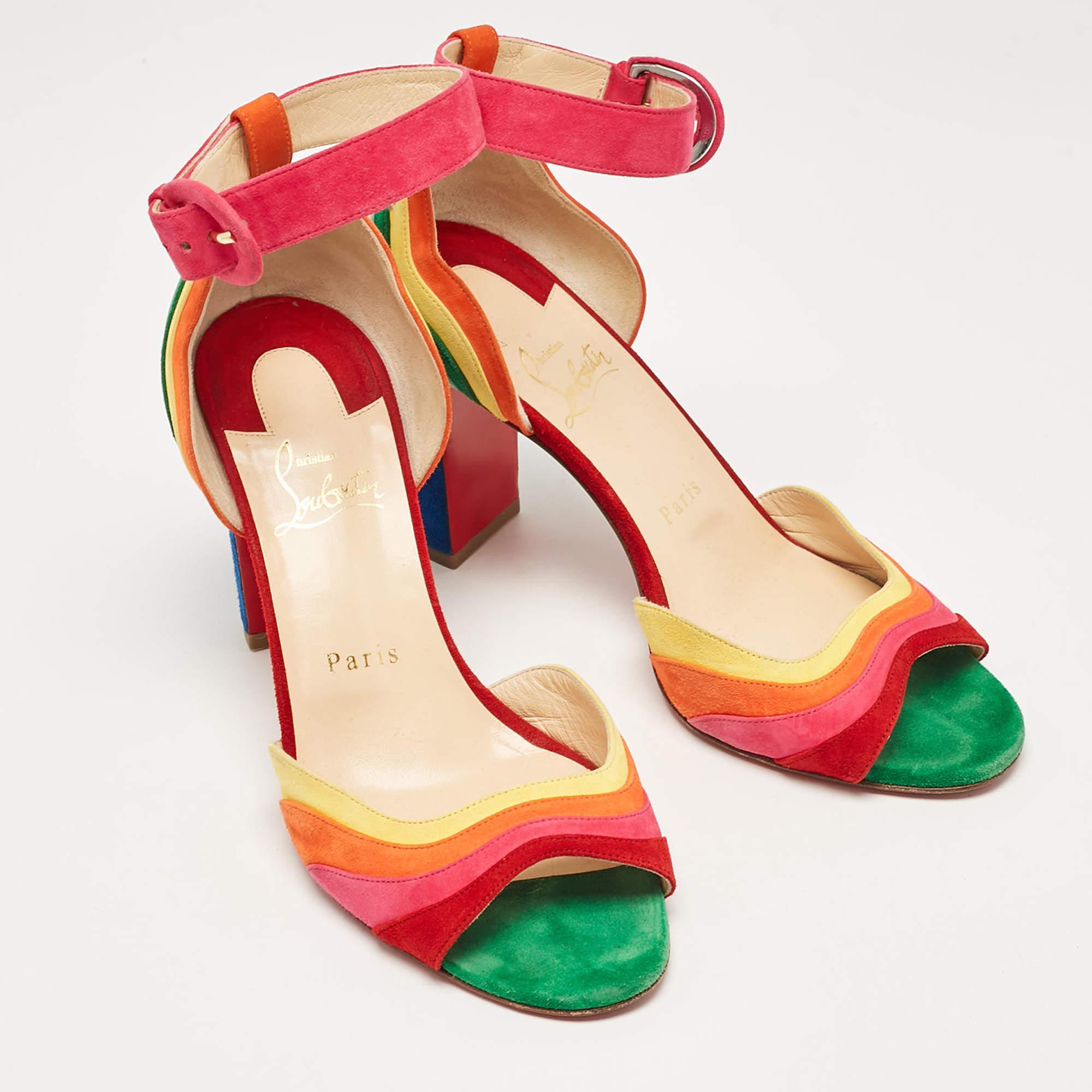 Christian Louboutin Multicolor Suede Rainbow Ankle Strap Sandals Size 38 In Good Condition In Dubai, Al Qouz 2