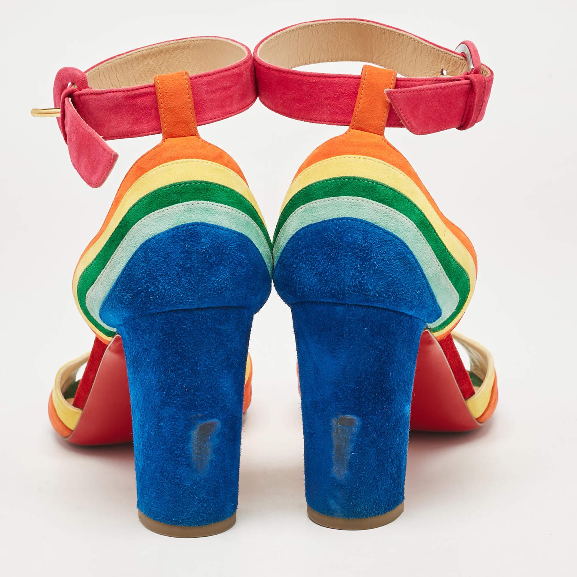 Women's Christian Louboutin Multicolor Suede Rainbow Ankle Strap Sandals Size 38