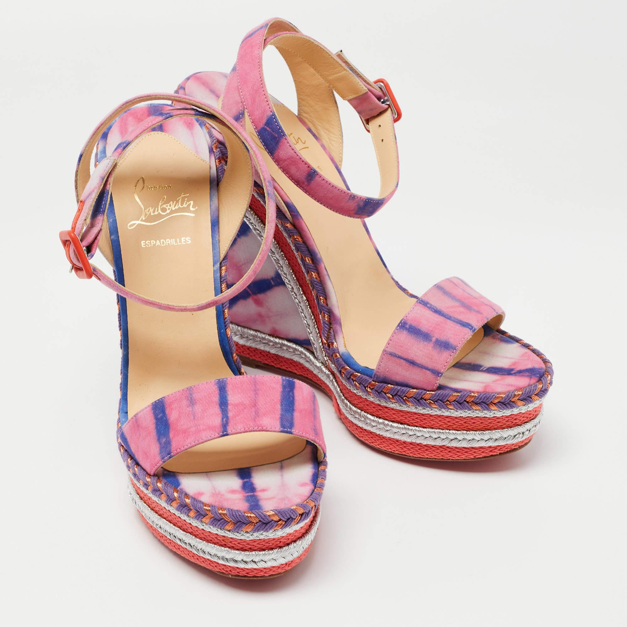 Women's Christian Louboutin Multicolor Tie-Dye Fabric Duplice Wedge Sandals Size 41 For Sale