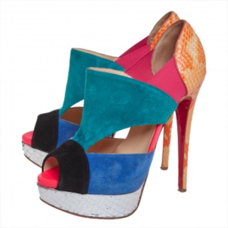 Blue Christian Louboutin Multicolour Python Leather And Suede Pitou Pumps Size 37.5 For Sale