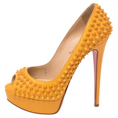mustard platform heels Christian Louboutin Mustard Leather Lady Peep Toe Spike Platform Pumps Size 35
