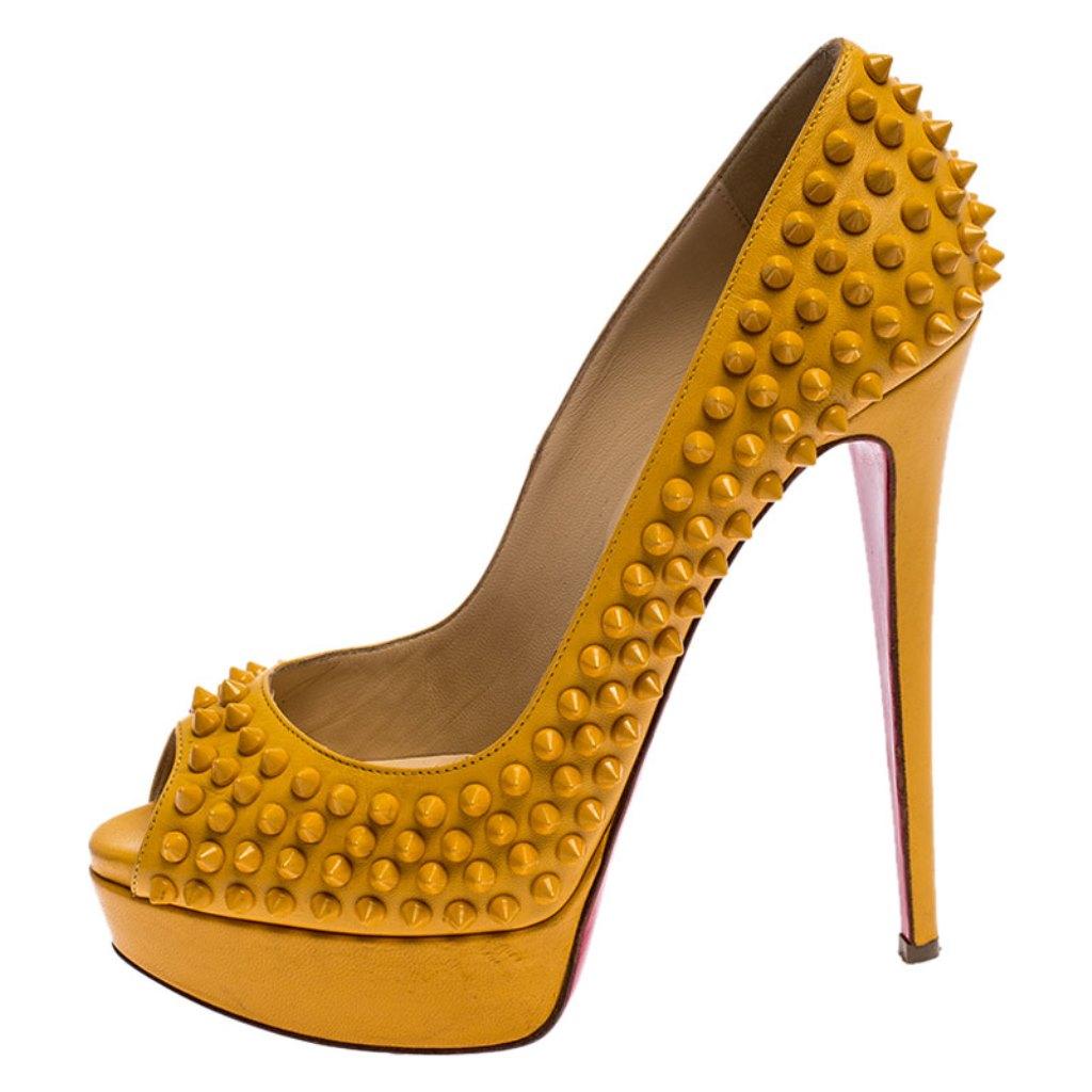 Women's Christian Louboutin Mustard Leather Lady Peep Toe Spike Platform Pumps Size 39