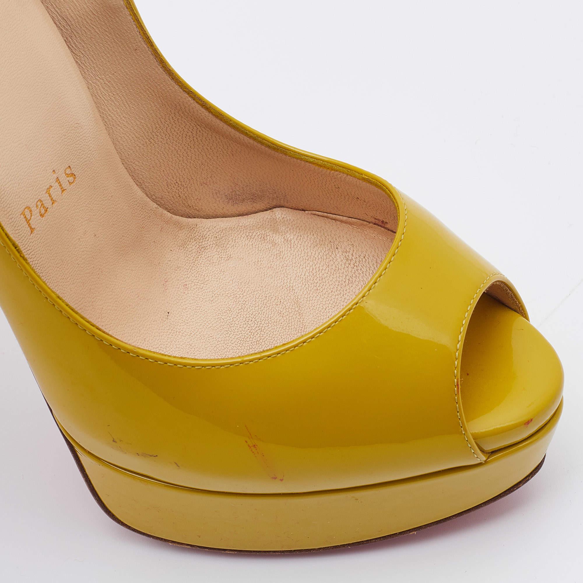 Women's Christian Louboutin Mustard Patent Leather Lady Peep Toe Pumps Size 36 For Sale
