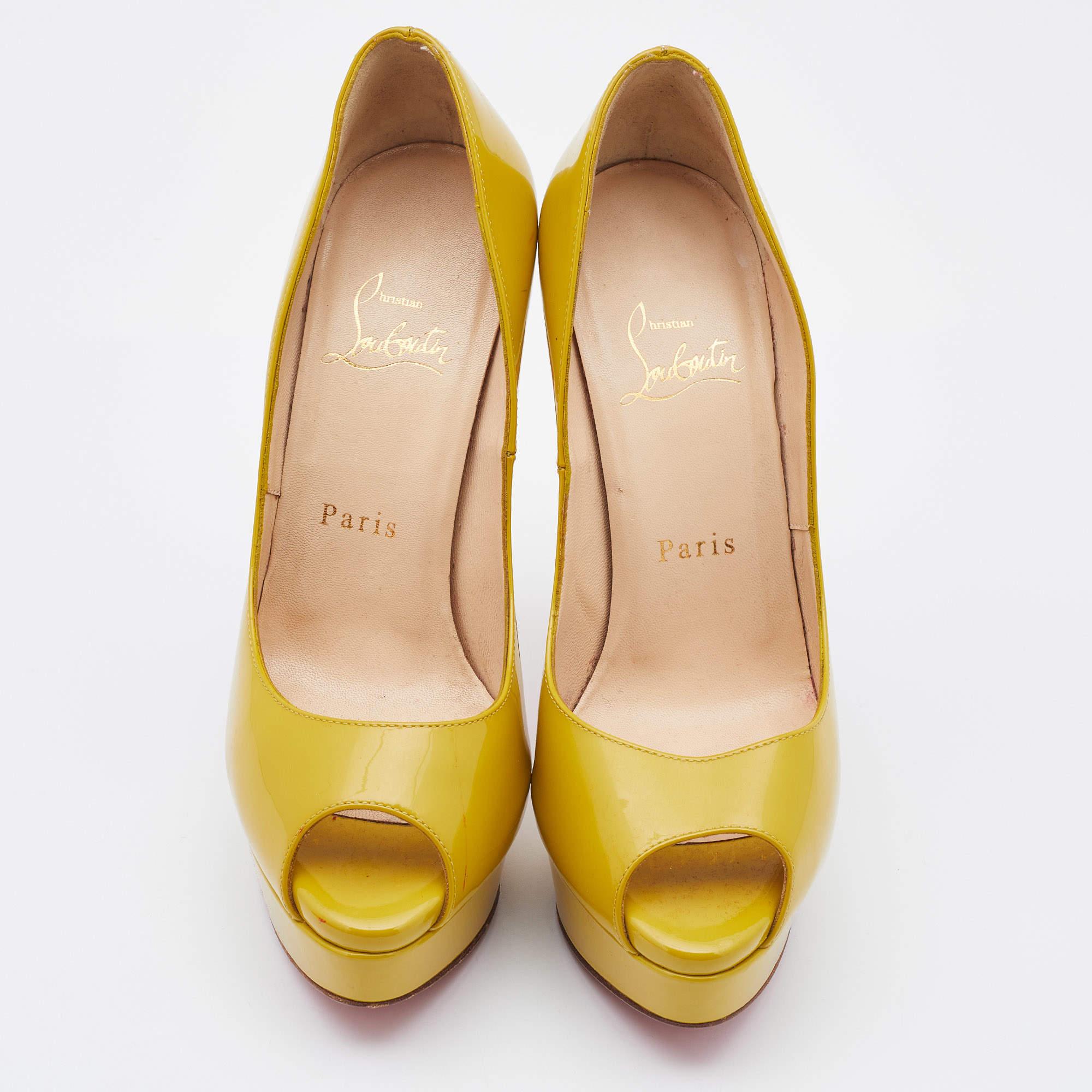 Christian Louboutin Mustard Patent Leather Lady Peep Toe Pumps Size 36 For Sale 3