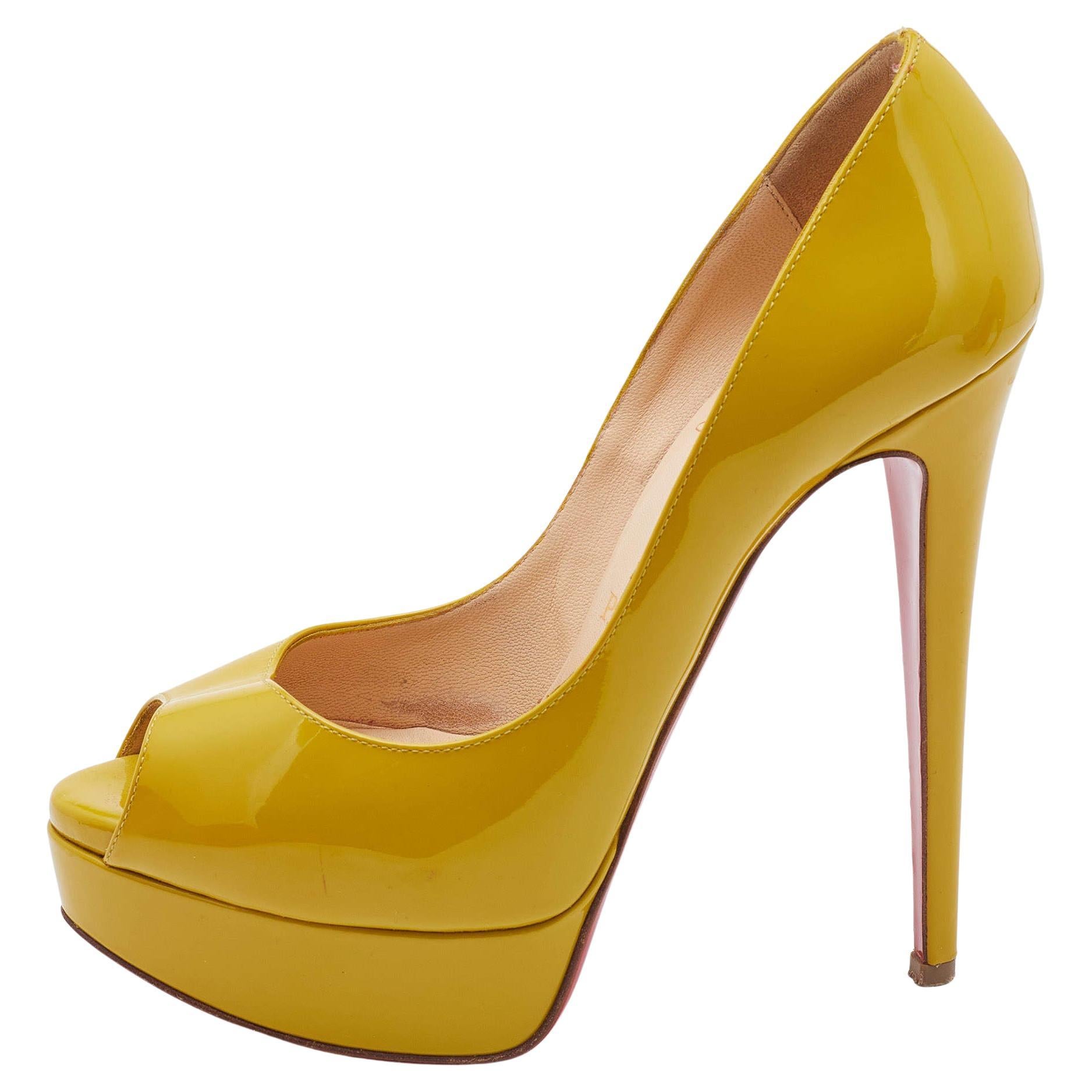 Christian Louboutin Mustard Patent Leather Lady Peep Toe Pumps Size 36 For Sale