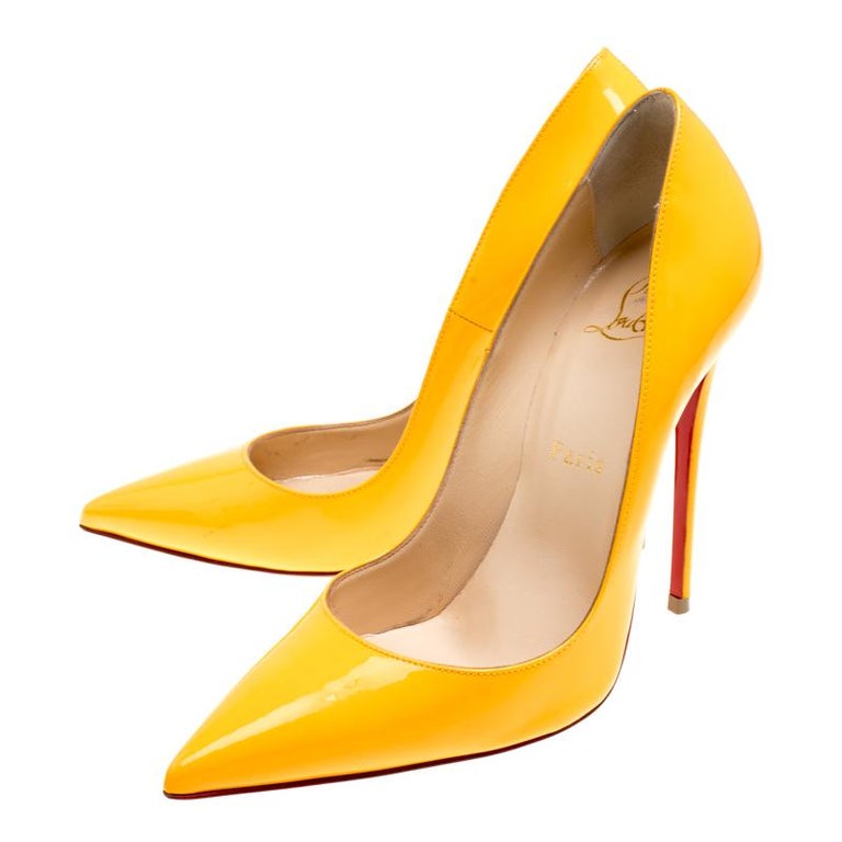 Mustard Yellow Patent Leather Pigalle Pointed Toe Pumps Size 37.5 For