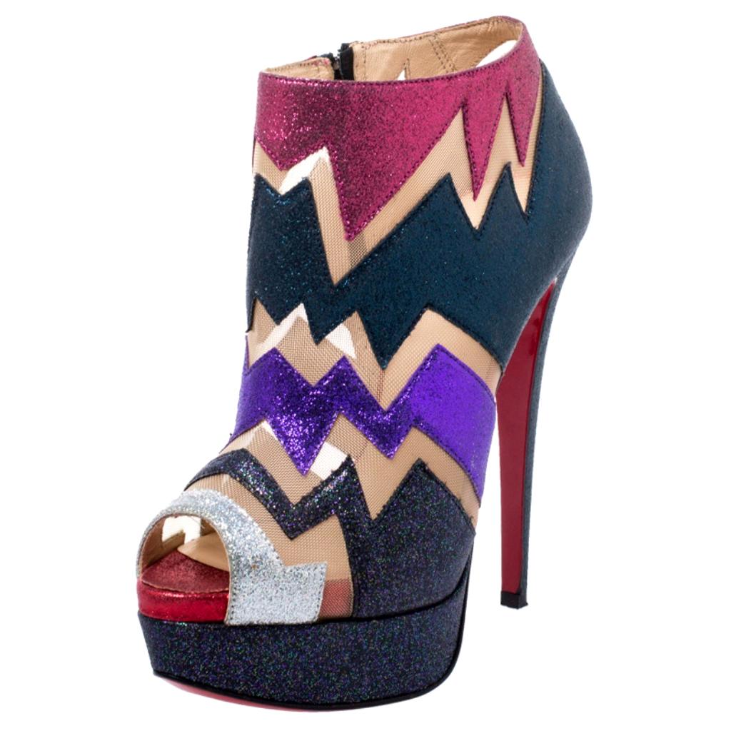 Christian Louboutin Mutlicolor Glitter Ziggy Peep Toe Ankle Booties Size 36