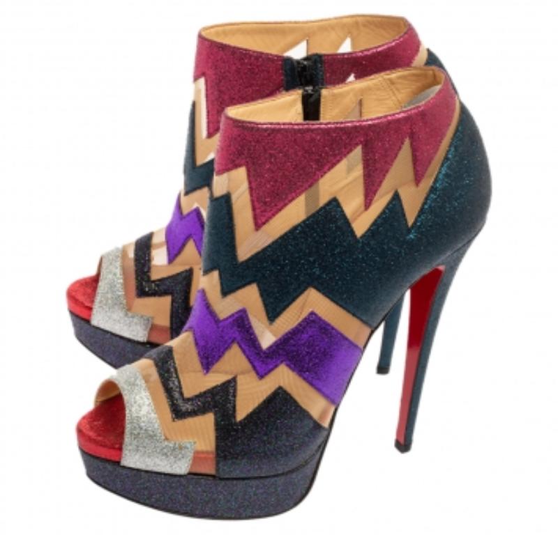 Black Christian Louboutin Mutlicolor Glitter Ziggy Peep Toe Booties Size 37 For Sale