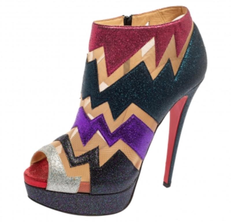 Women's Christian Louboutin Mutlicolor Glitter Ziggy Peep Toe Booties Size 37 For Sale