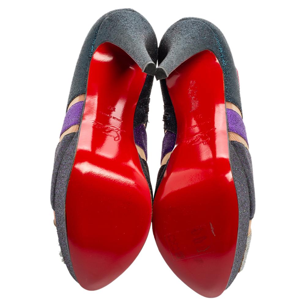Christian Louboutin Mutlicolor Glitter Ziggy Peep Toe Booties Size 37 In New Condition For Sale In Dubai, Al Qouz 2