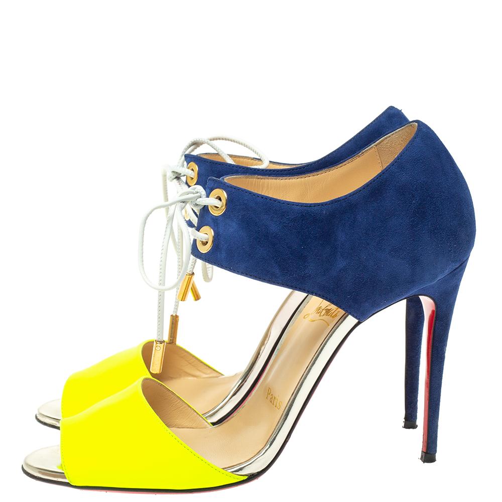 Yellow Christian Louboutin Navy Blue/Green Leather Mayerling Lace Up Sandals Size 37.5