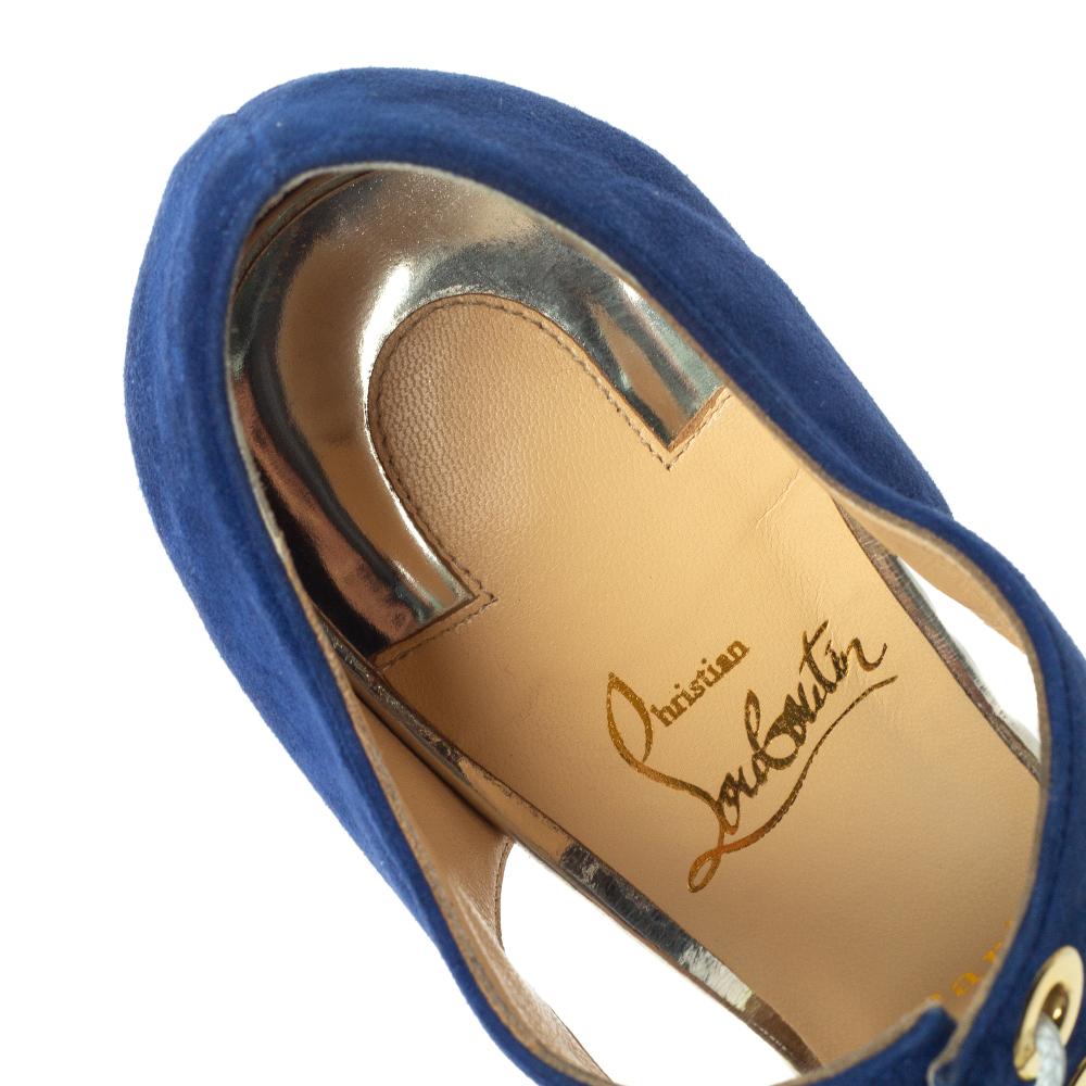Christian Louboutin Navy Blue/Green Leather Mayerling Lace Up Sandals Size 37.5 In Good Condition In Dubai, Al Qouz 2