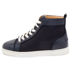 Christian Louboutin Navy Blue Leather and Fabric Louis High Top Sneakers
