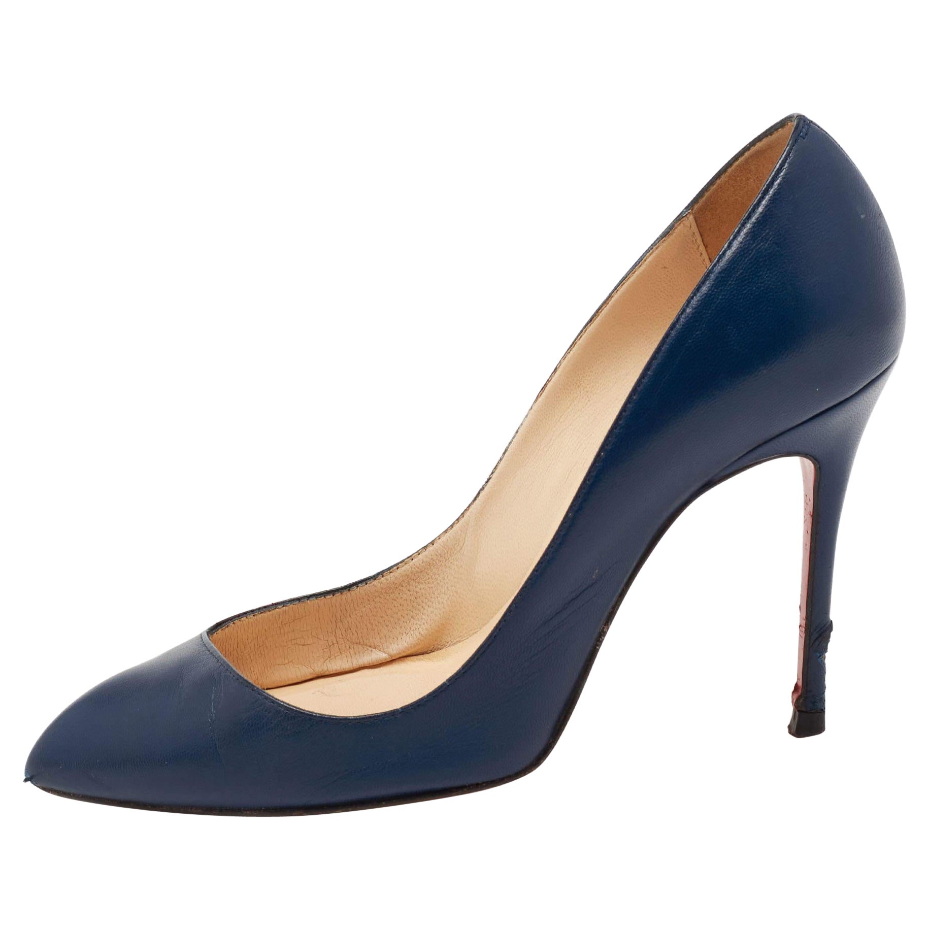 Christian Louboutin Navy Blue Leather Corneille Pointed Toe Pumps Size 35