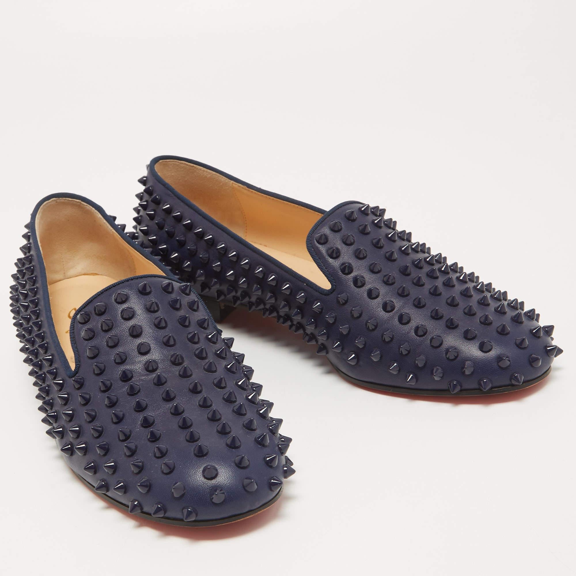 Black Christian Louboutin Navy Blue Leather Dandelion Spike Slip On Loafers Size 41 For Sale