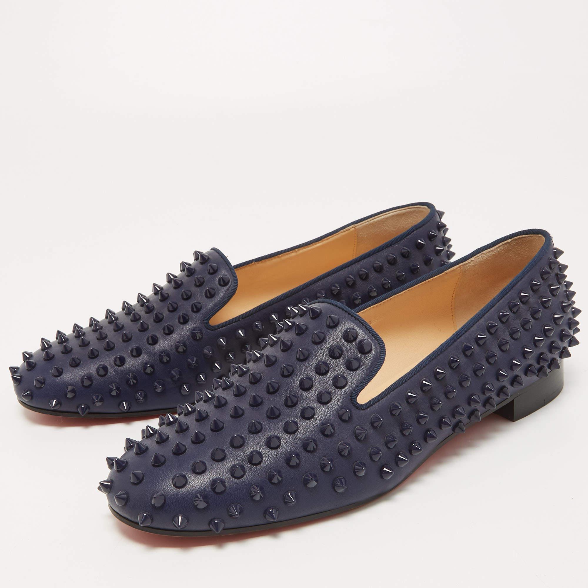 Christian Louboutin Navy Blue Leather Dandelion Spike Slip On Loafers Size 41 In Good Condition For Sale In Dubai, Al Qouz 2