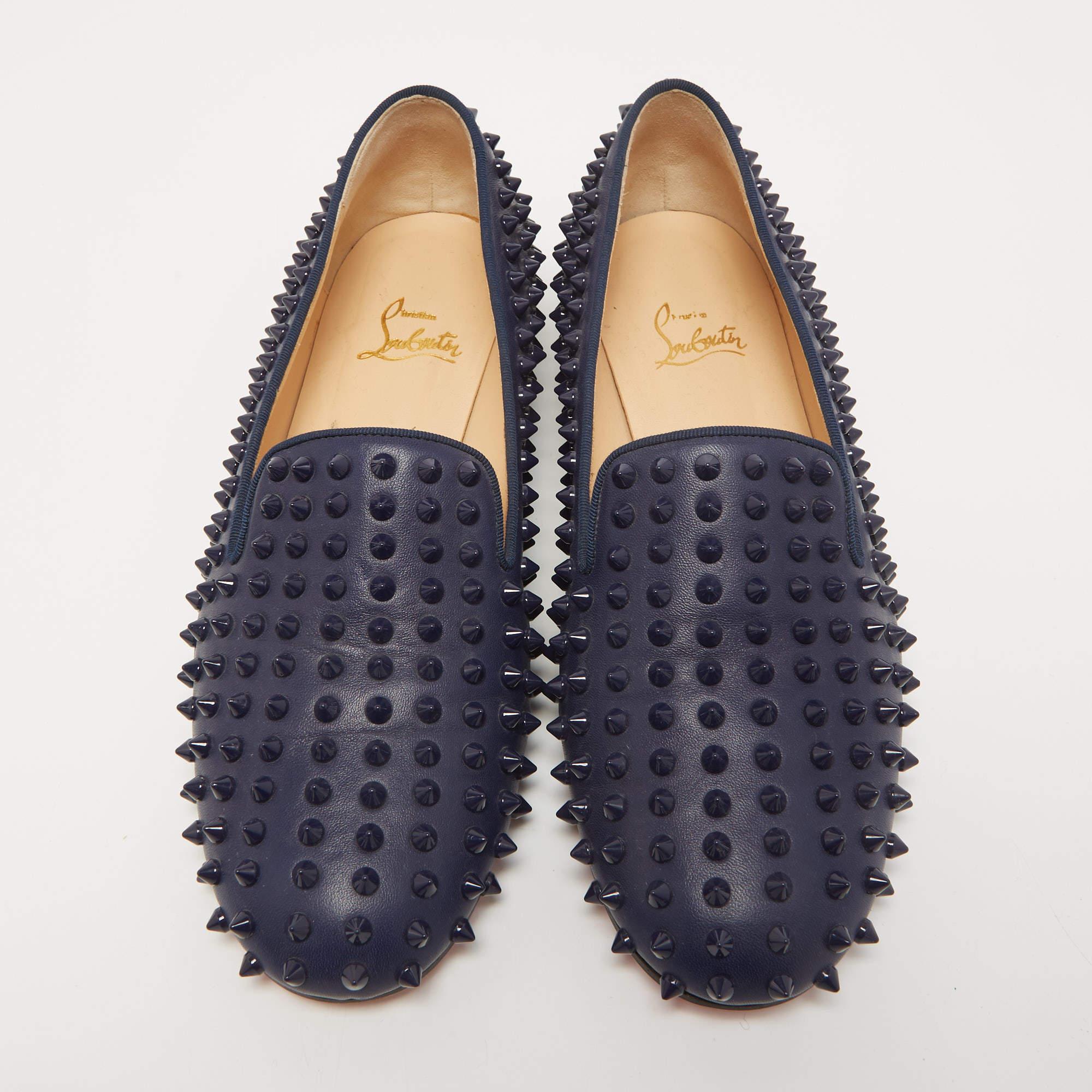 Men's Christian Louboutin Navy Blue Leather Dandelion Spike Slip On Loafers Size 41 For Sale