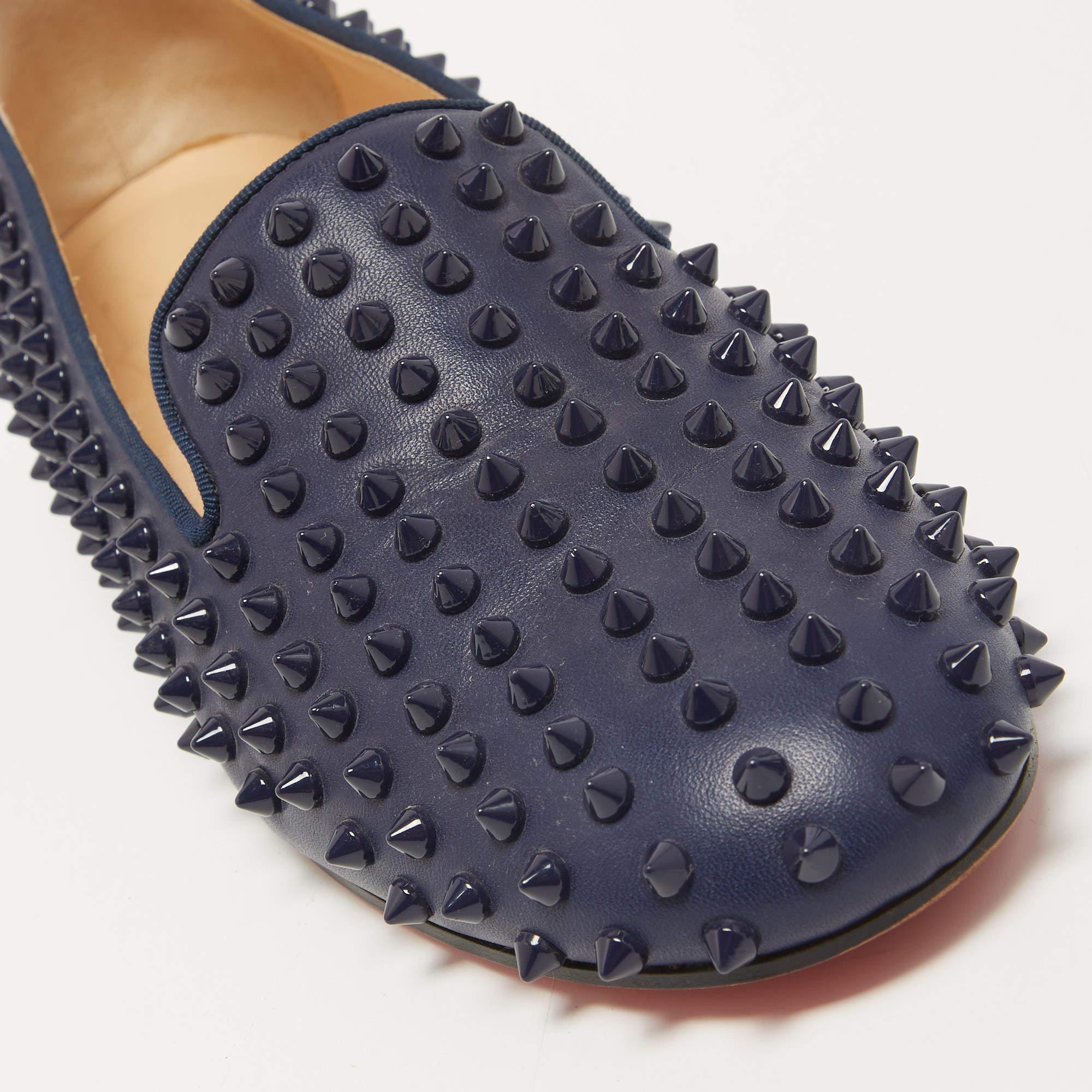 Christian Louboutin Navy Blue Leather Dandelion Spike Slip On Loafers Size 41 For Sale 1