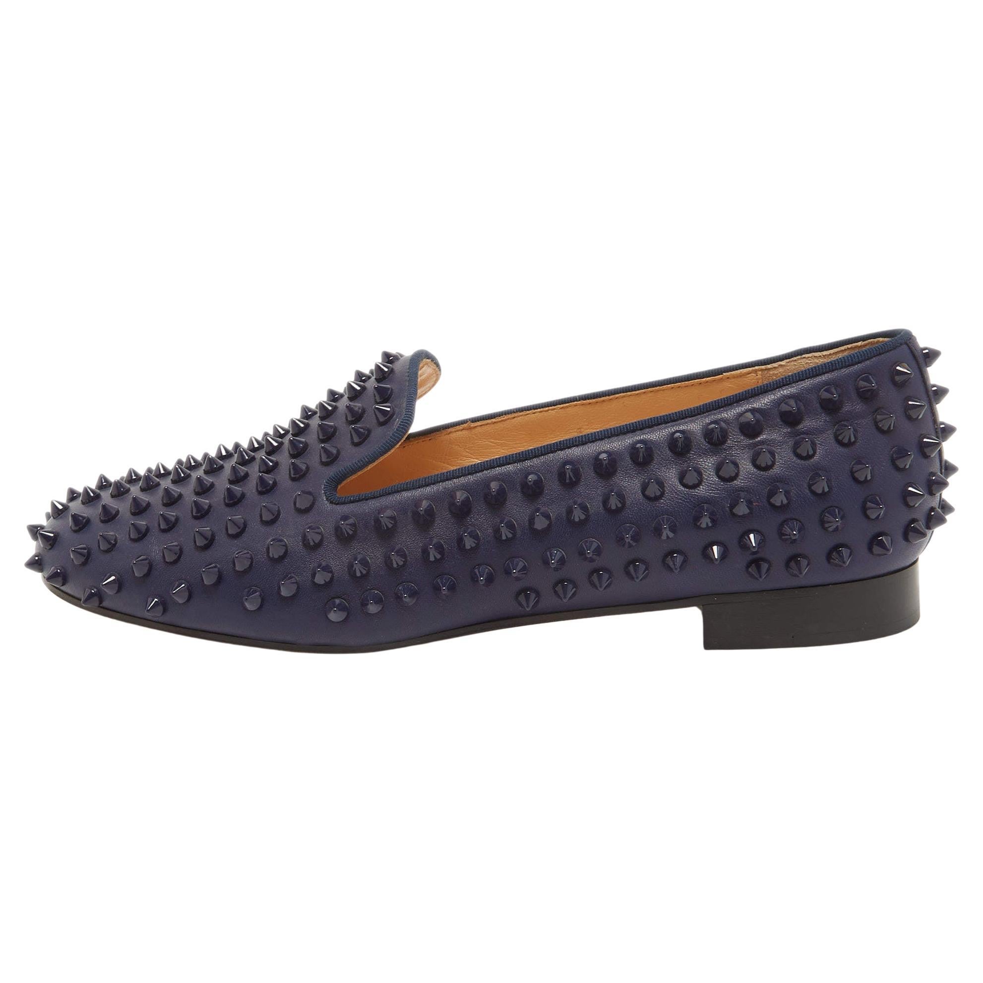 Christian Louboutin Navy Blue Leather Dandelion Spike Slip On Loafers Size 41 For Sale