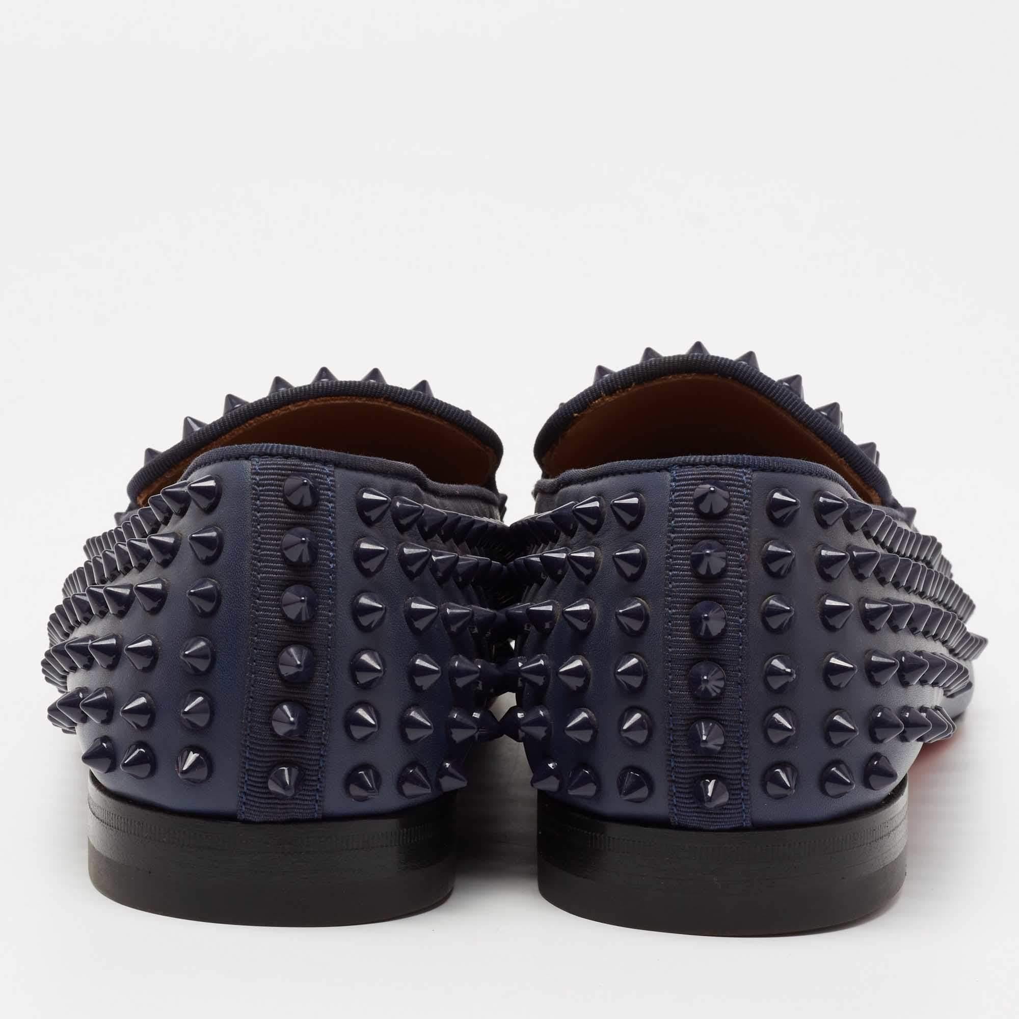 Black Christian Louboutin Navy Blue Leather Dandelion Spike Smoking Slippers Size 40 For Sale