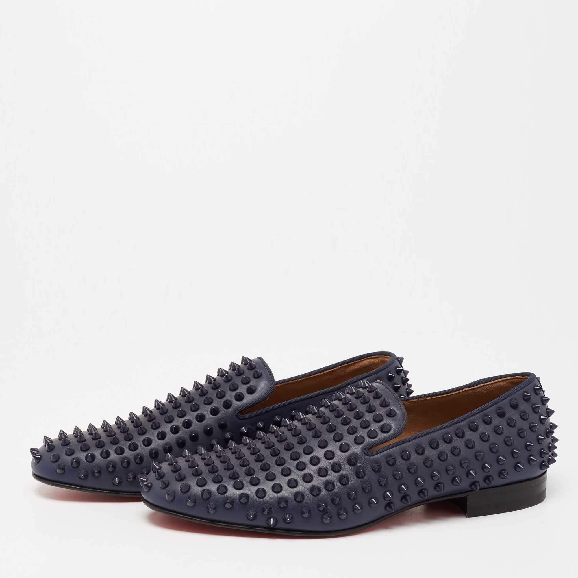 Christian Louboutin Navy Blue Leather Dandelion Spike Smoking Slippers Size 40 In Good Condition For Sale In Dubai, Al Qouz 2