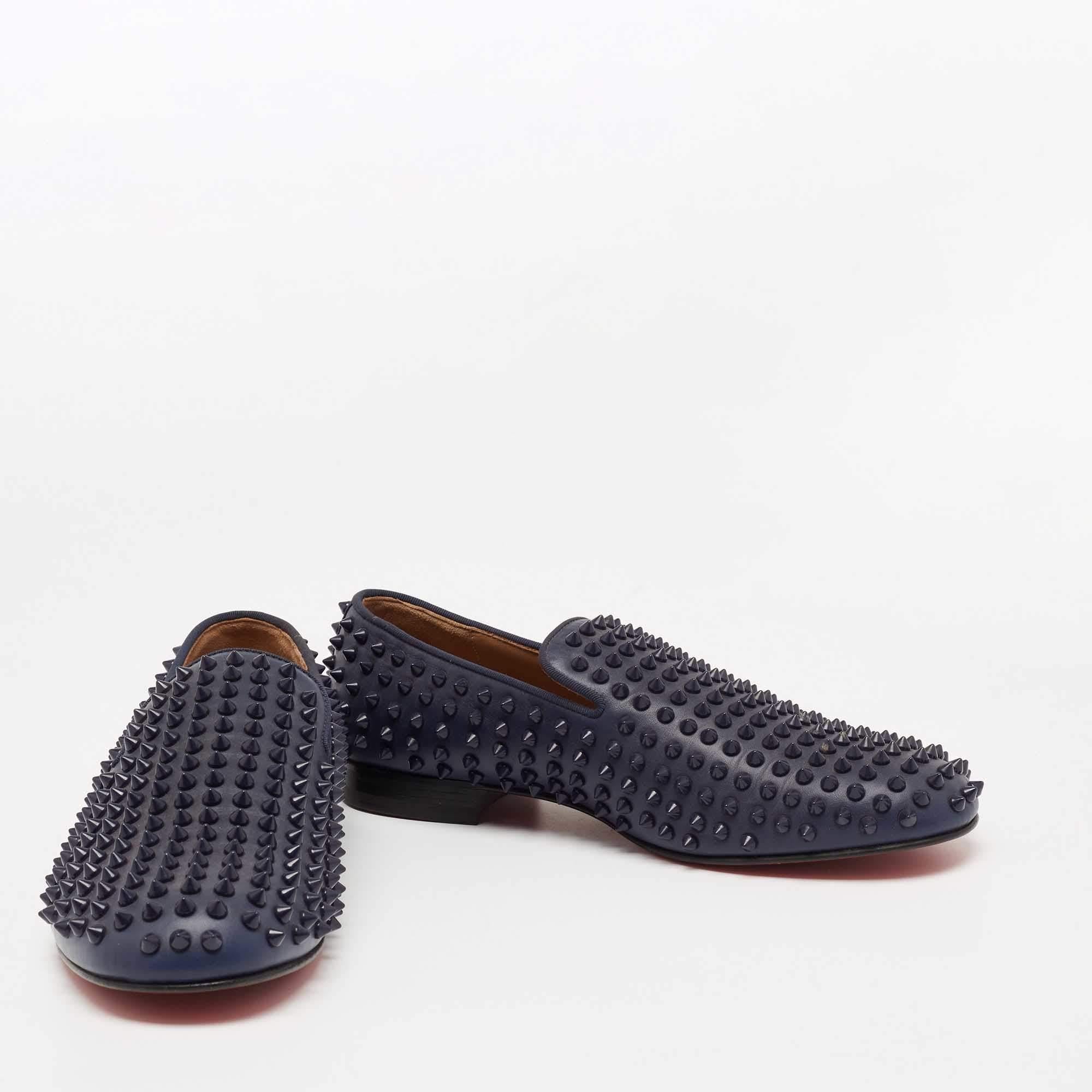 Men's Christian Louboutin Navy Blue Leather Dandelion Spike Smoking Slippers Size 40 For Sale
