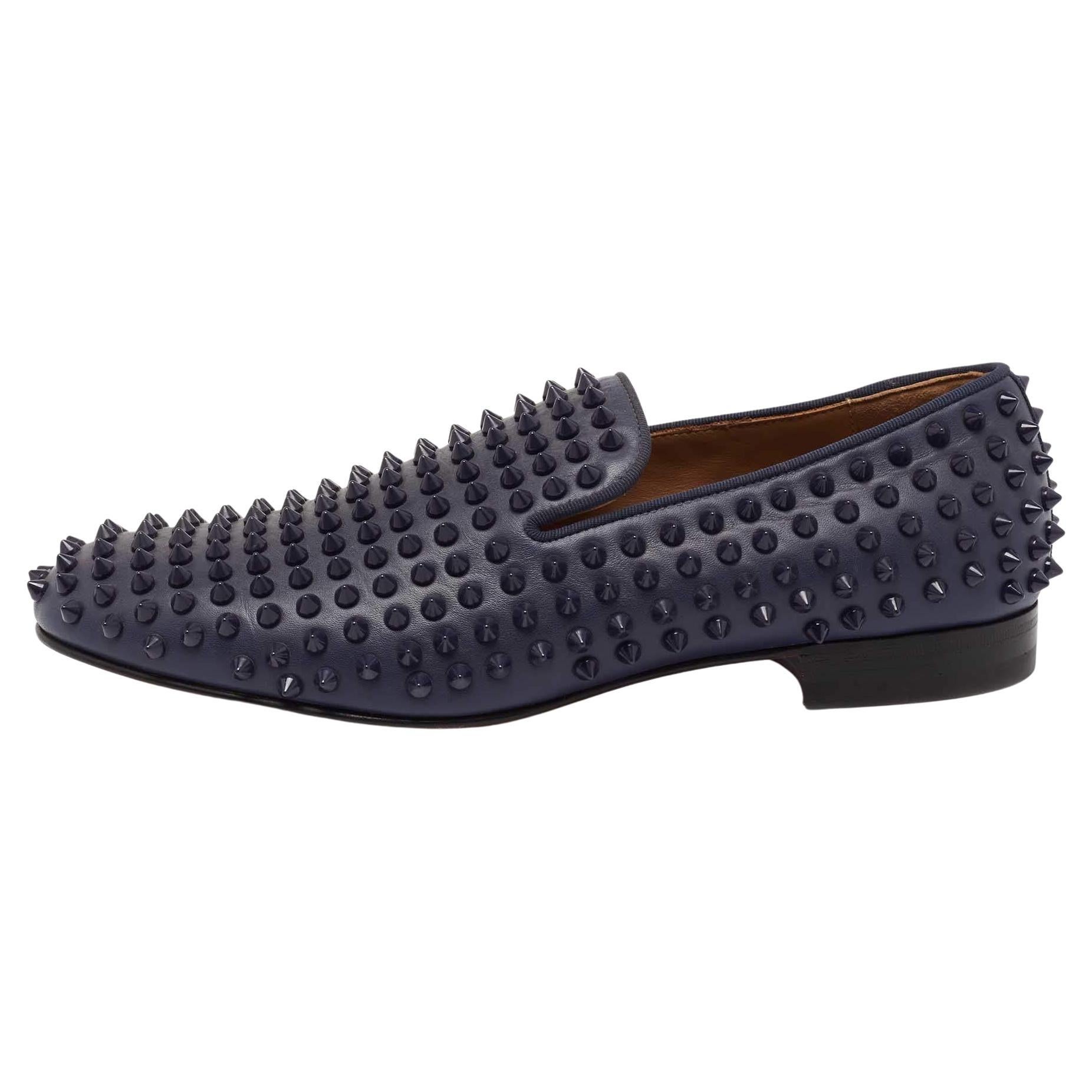 Christian Louboutin Navy Blue Leather Dandelion Spike Smoking Slippers Size 40 For Sale