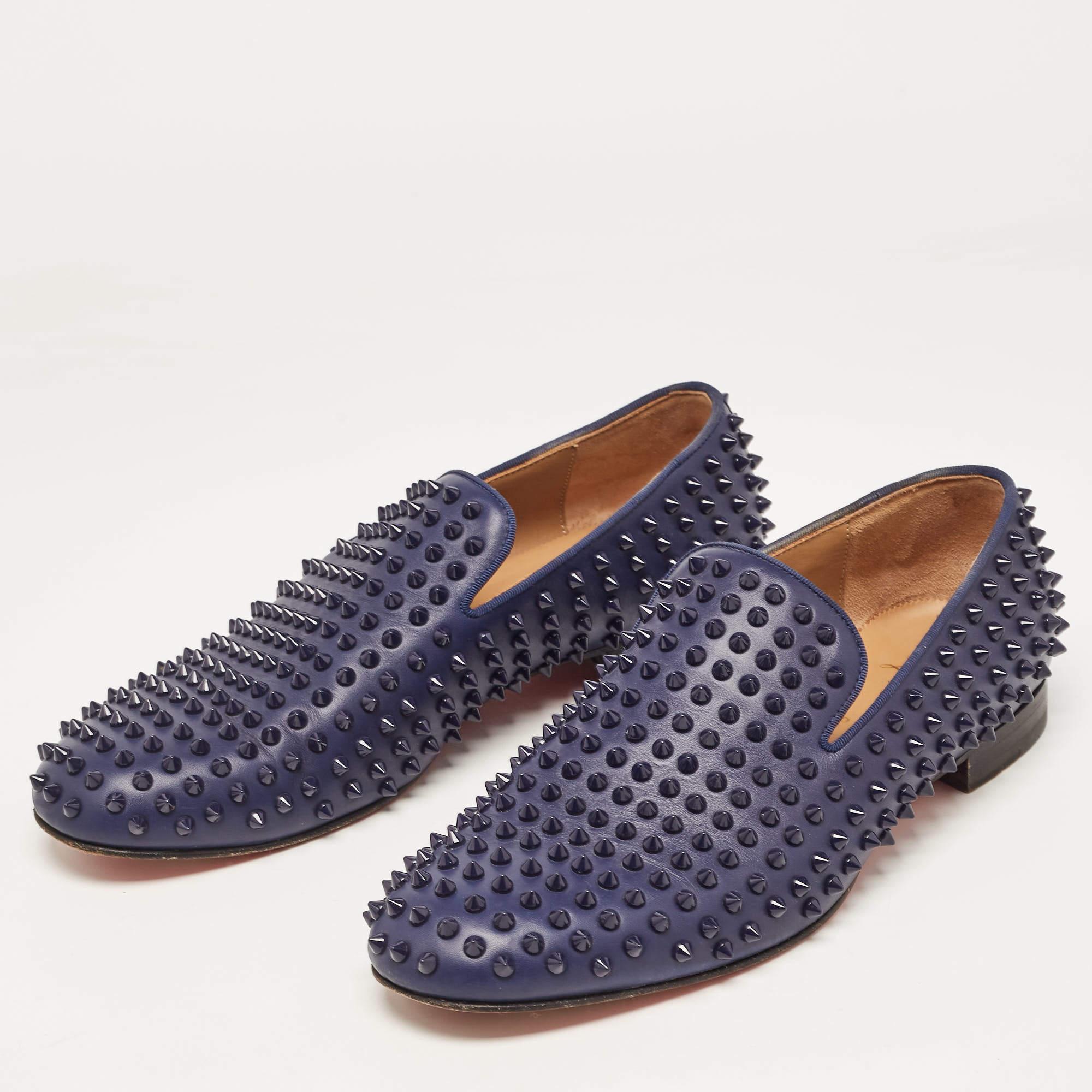Christian Louboutin Navy Blue Leather Dandelion Spike Smoking Slippers Size 42.5 For Sale 1