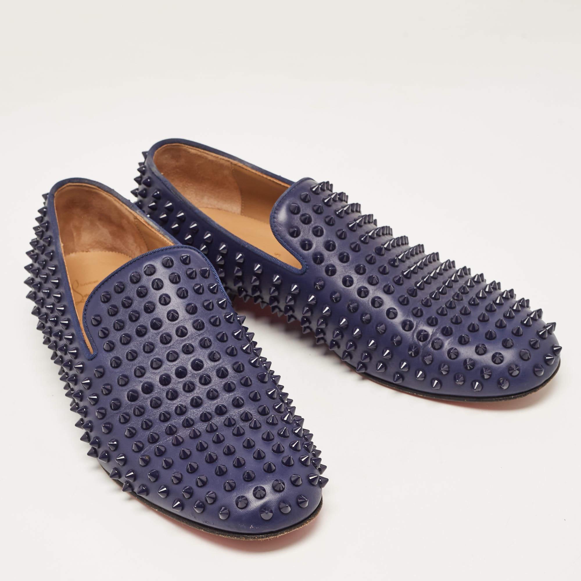 Christian Louboutin Navy Blue Leather Dandelion Spike Smoking Slippers Size 42.5 For Sale 2
