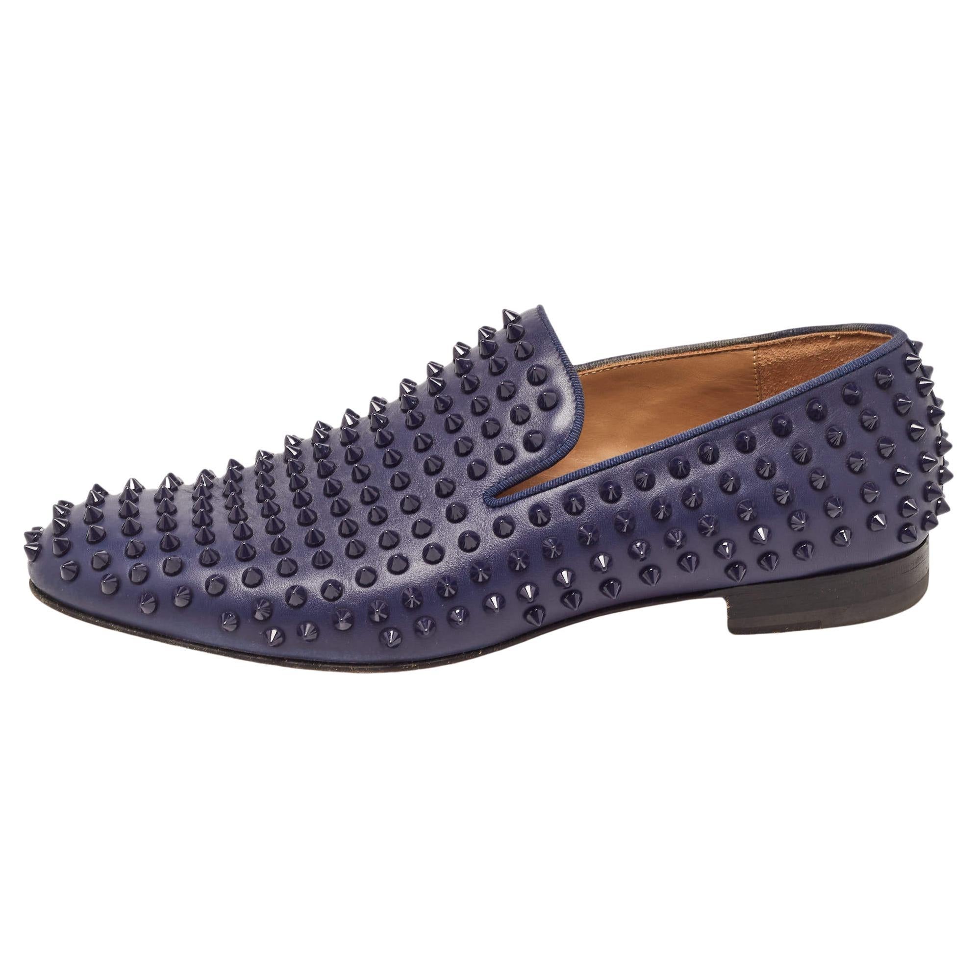 Christian Louboutin Navy Blue Leather Dandelion Spike Smoking Slippers Size 42.5 For Sale