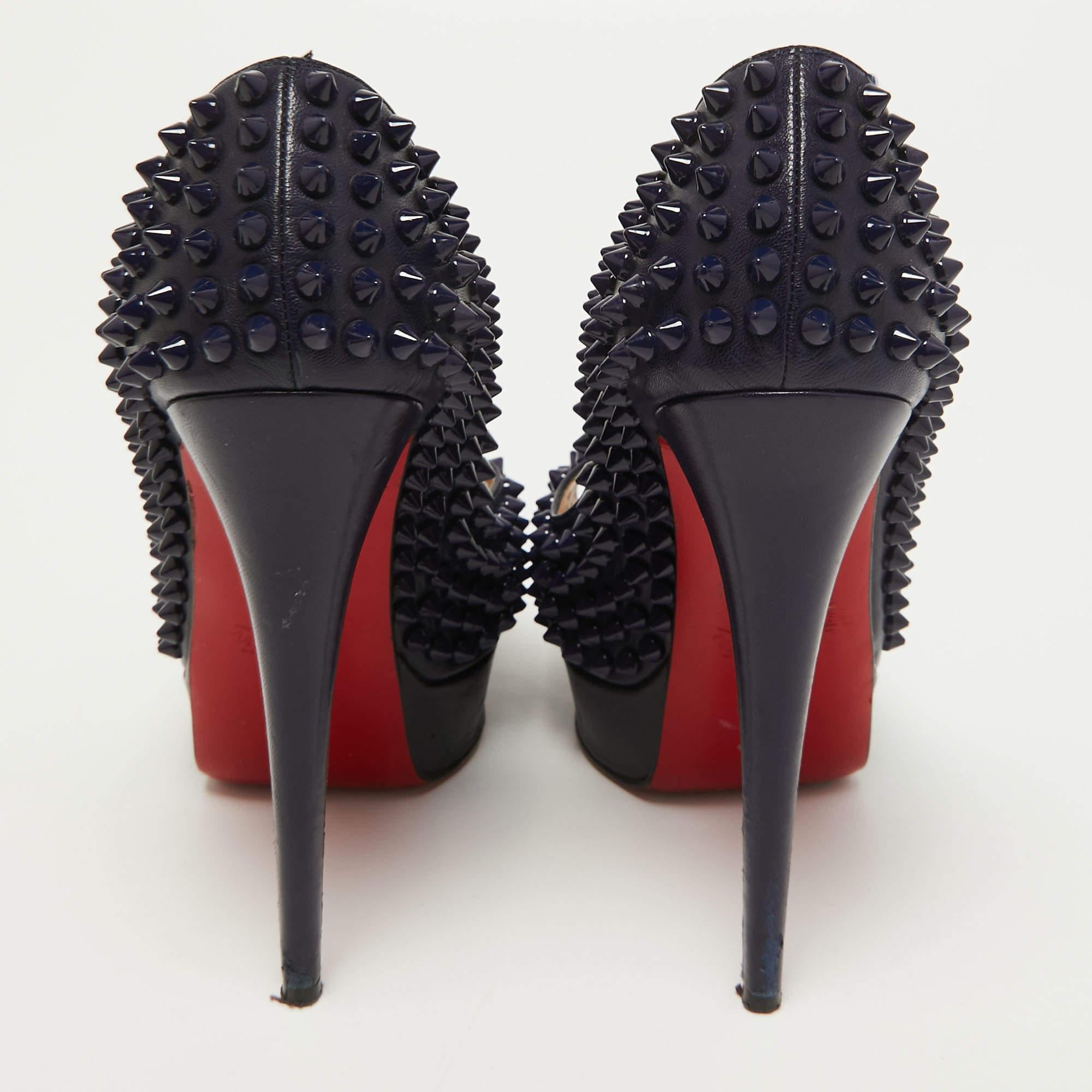 Black Christian Louboutin Navy Blue Leather Lady Peep Spikes Pumps Size 36 For Sale
