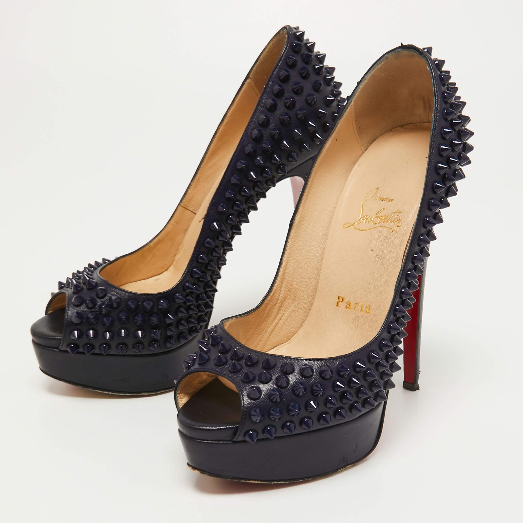 Christian Louboutin Navy Blue Leather Lady Peep Spikes Pumps Size 36 In Good Condition For Sale In Dubai, Al Qouz 2