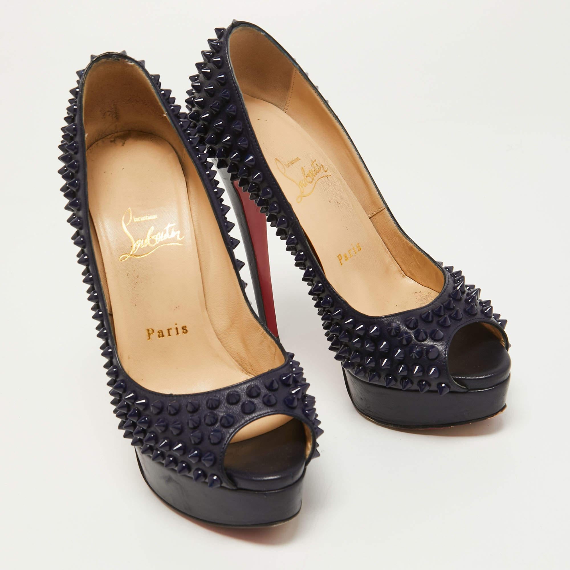 Women's Christian Louboutin Navy Blue Leather Lady Peep Spikes Pumps Size 36 For Sale